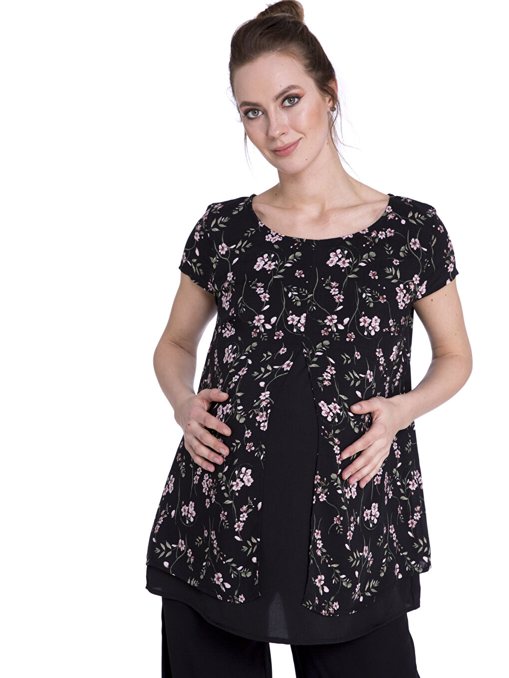Siyah Çiçek Desenli Kadın Bluz