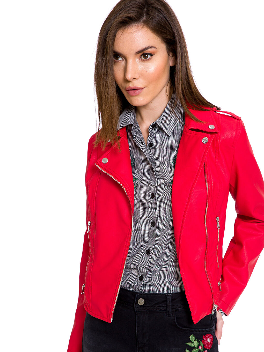 Kırmızı Deri Görünümlü Mont-1