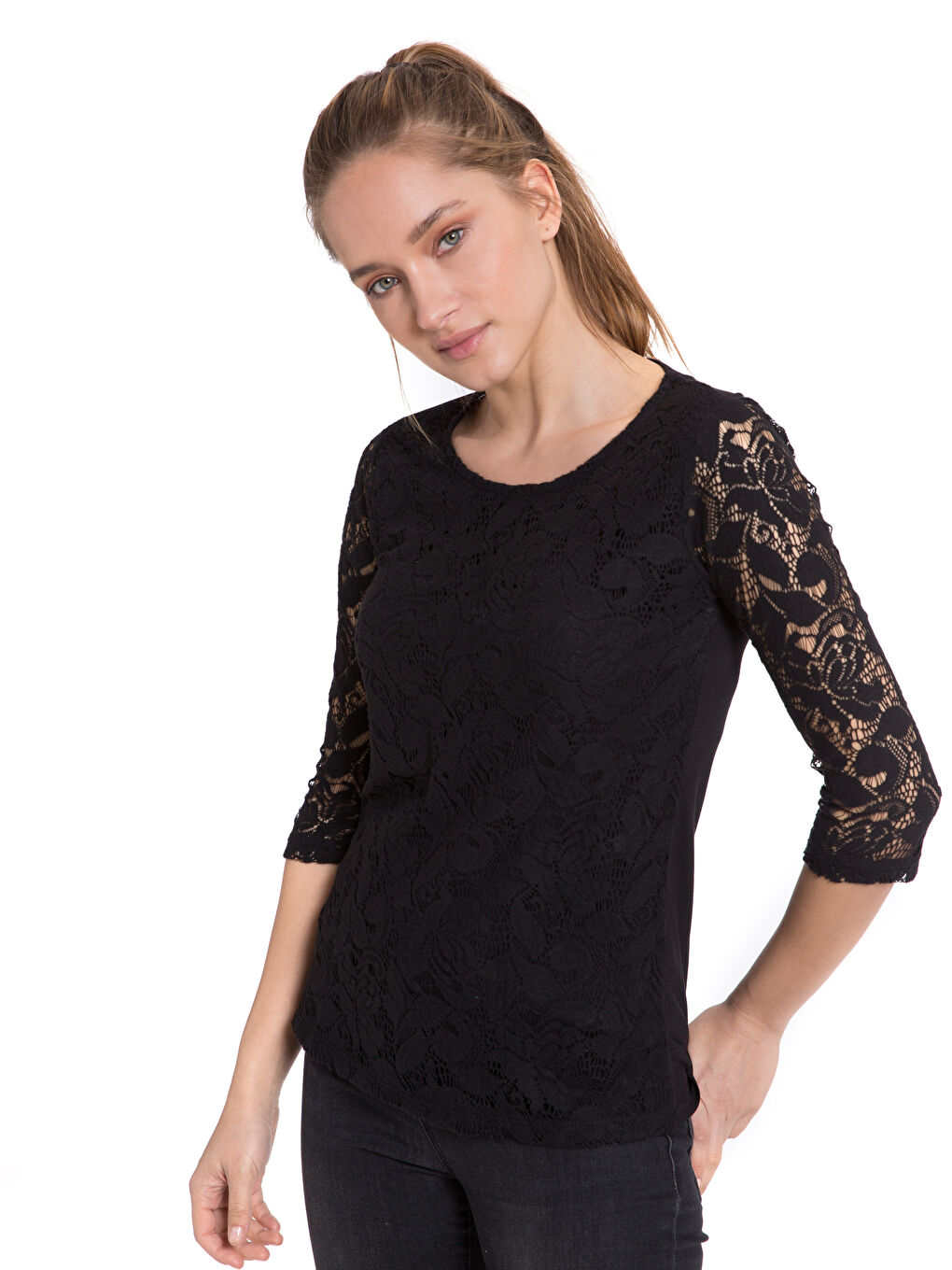 Crew Neck Lace Detail Women's T-Shirt