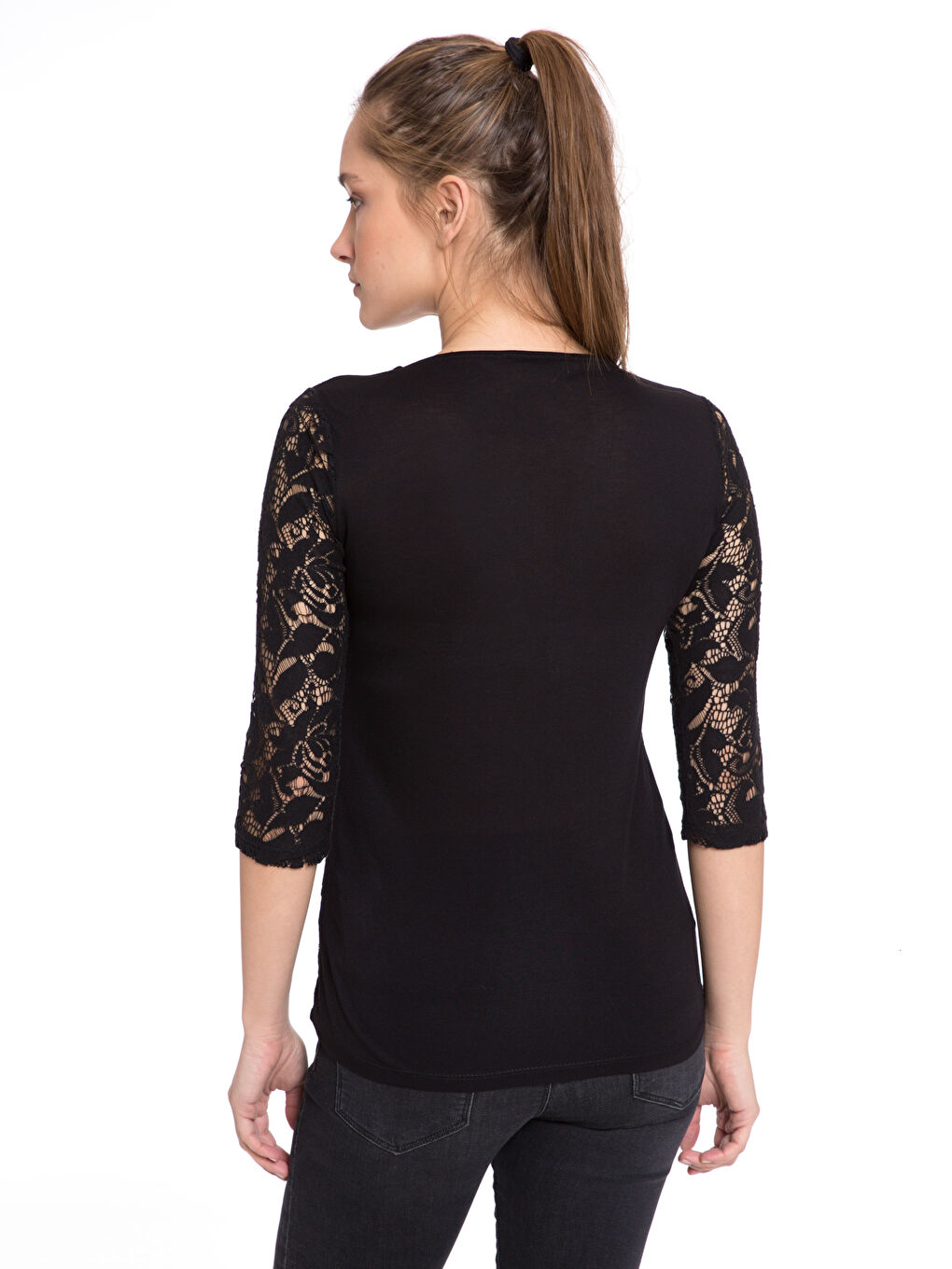 Crew Neck Lace Detail Women's T-Shirt-1