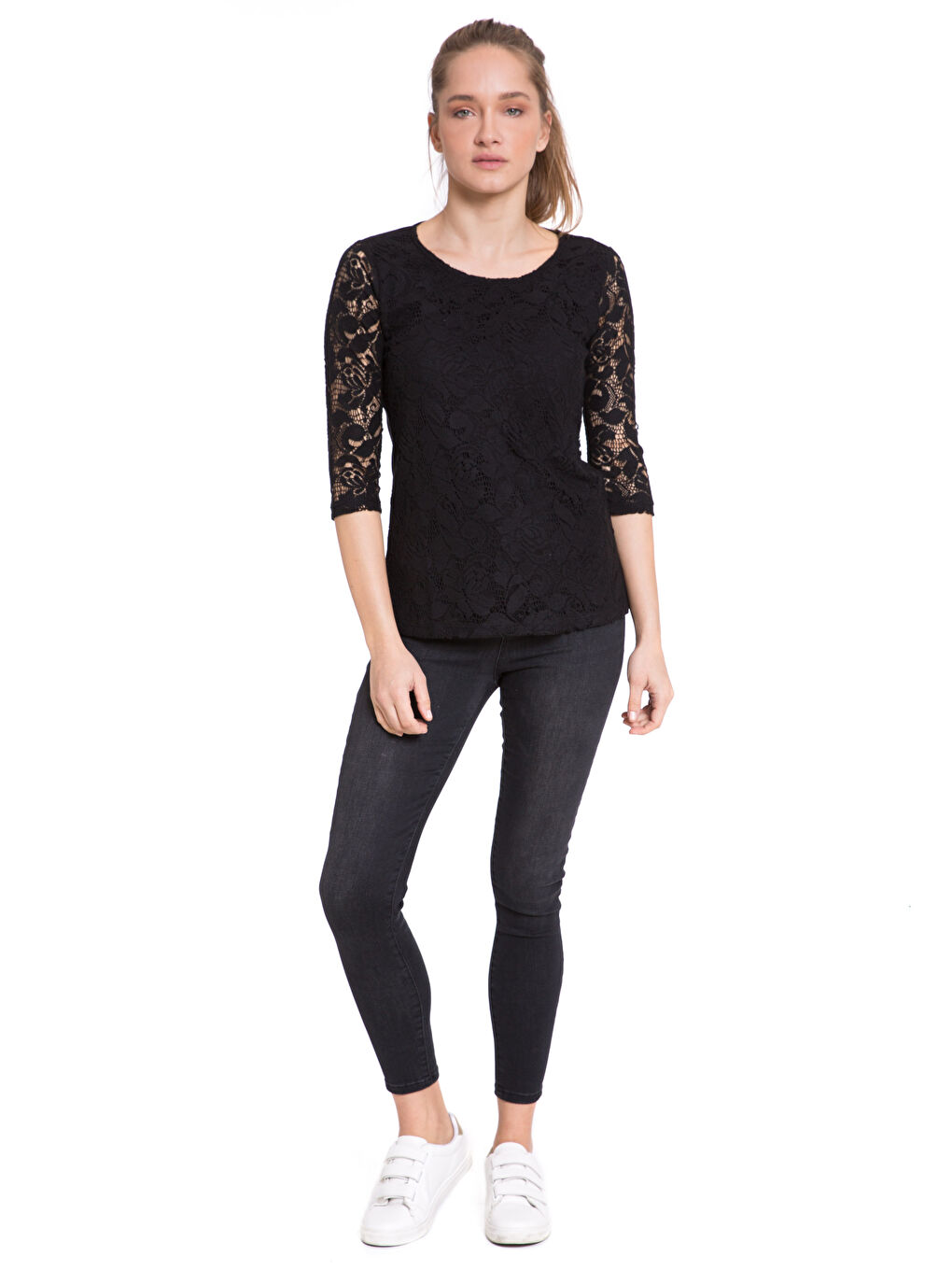 Crew Neck Lace Detail Women's T-Shirt-2