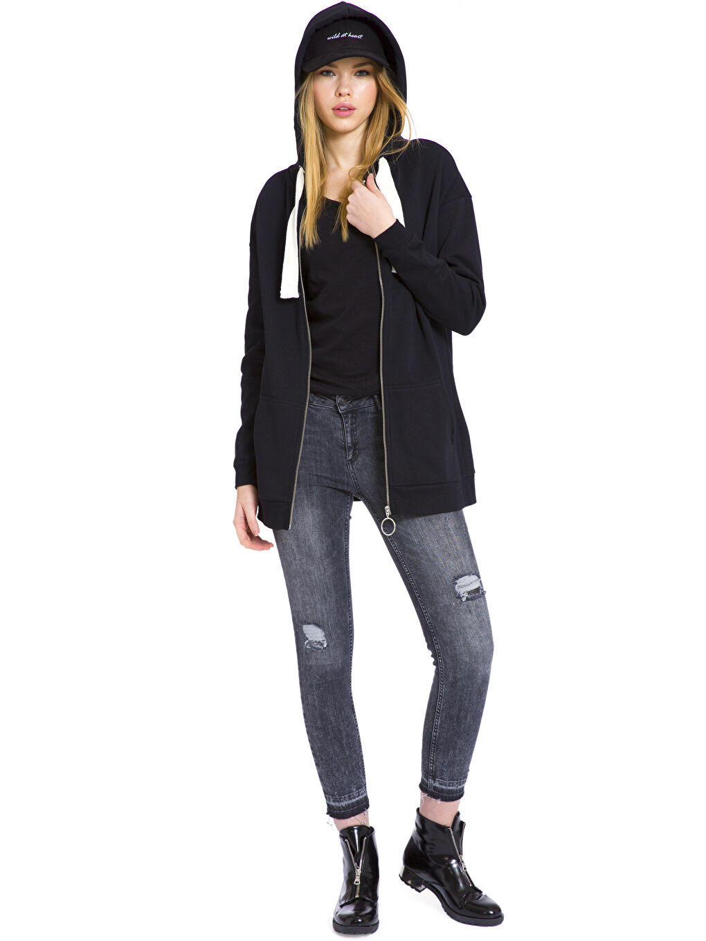 Yeni Siyah Fermuarlı Sweatshirt-2