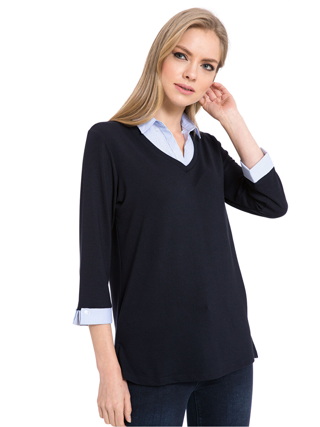 Lacivert Standart Fit Uzun Kollu Kadın Gömlek Yaka Tişört