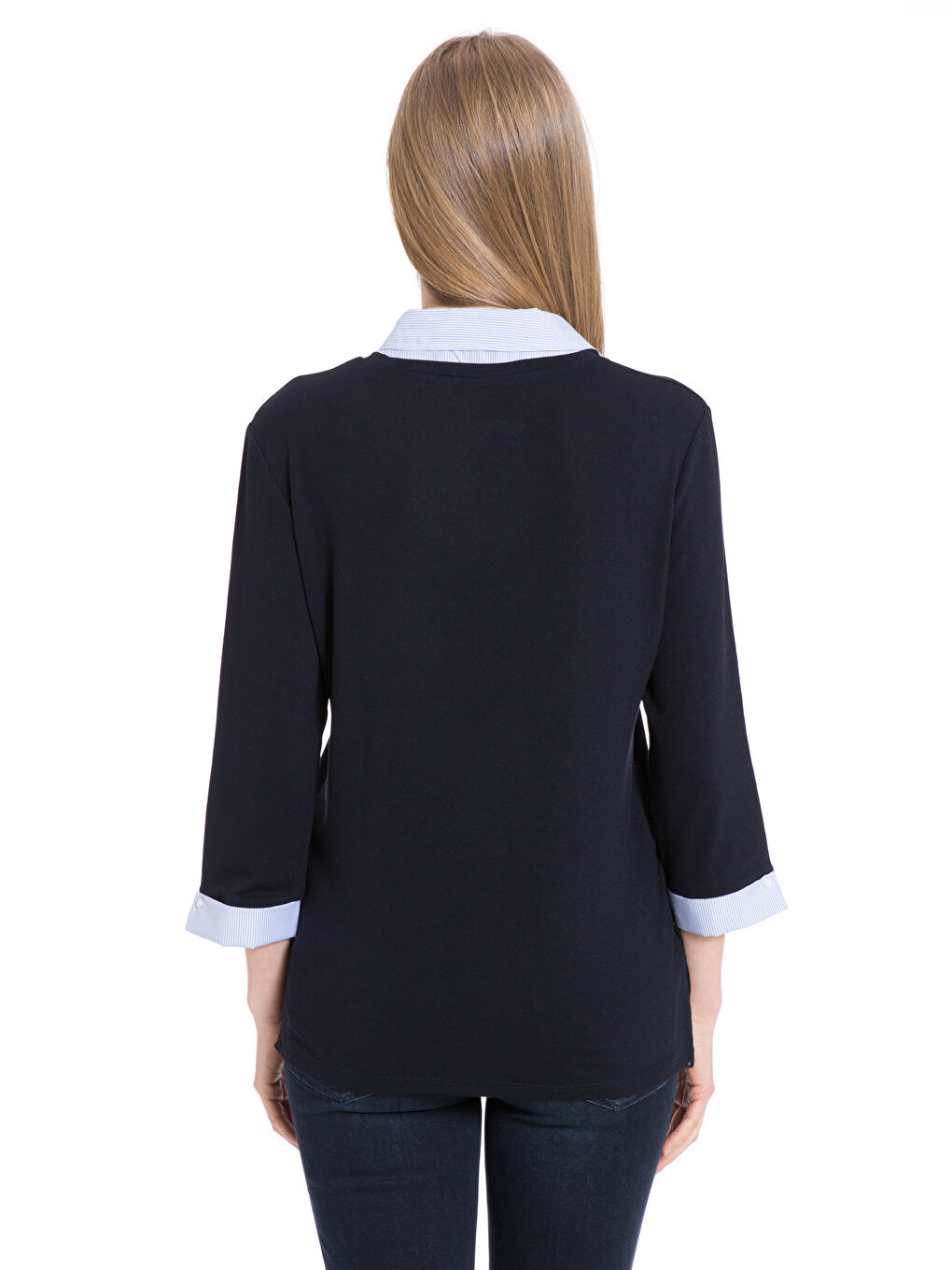 Lacivert Standart Fit Uzun Kollu Kadın Gömlek Yaka Tişört-1