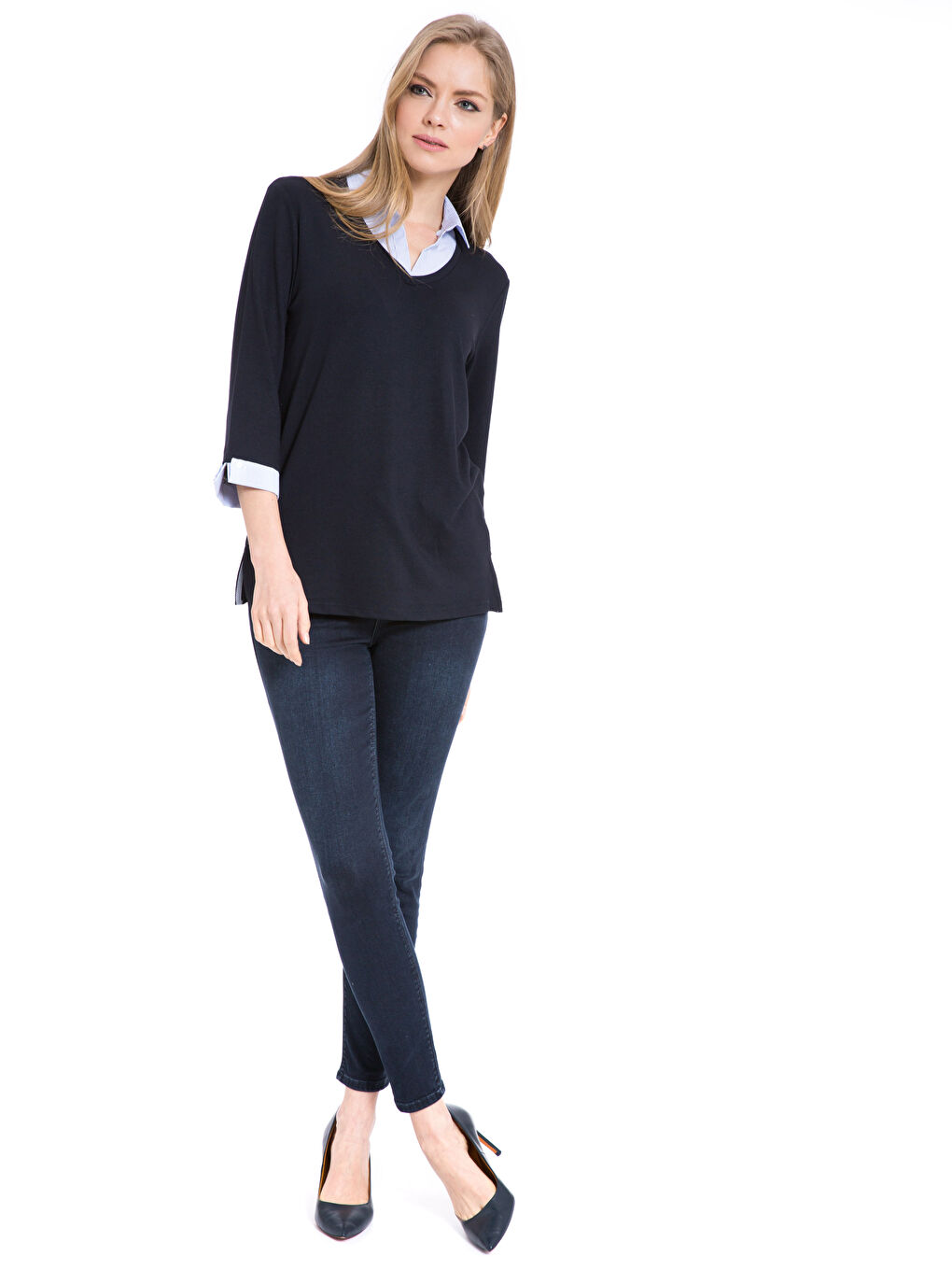 Lacivert Standart Fit Uzun Kollu Kadın Gömlek Yaka Tişört-2