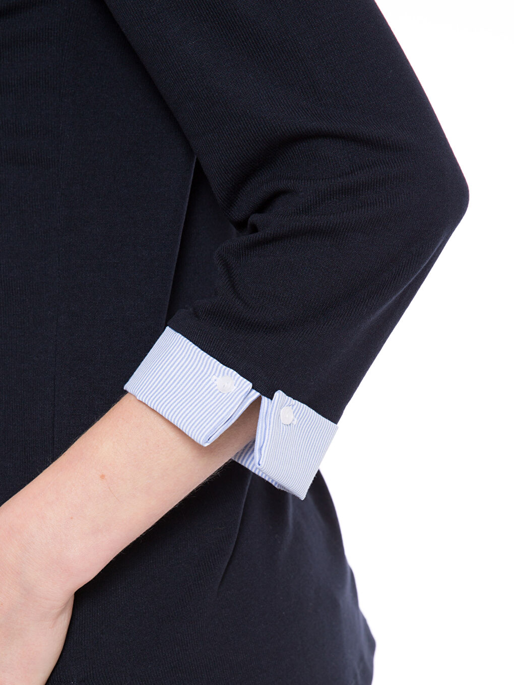 Lacivert Standart Fit Uzun Kollu Kadın Gömlek Yaka Tişört-3