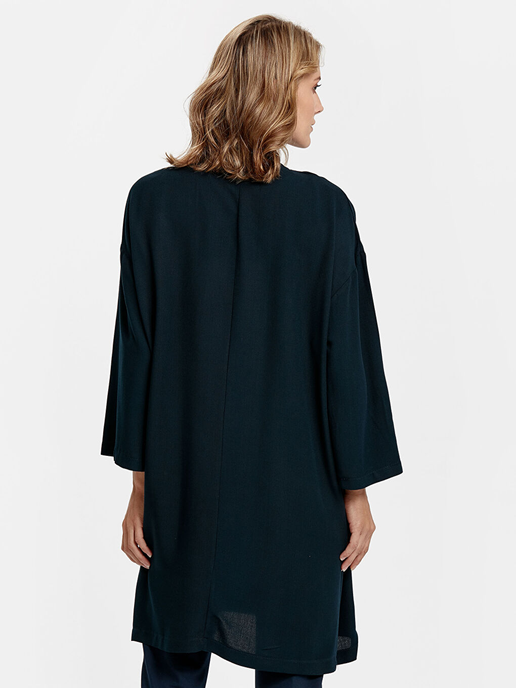 Lacivert Şal Yaka Uzun Kollu Viskon Kadın Ceket-1