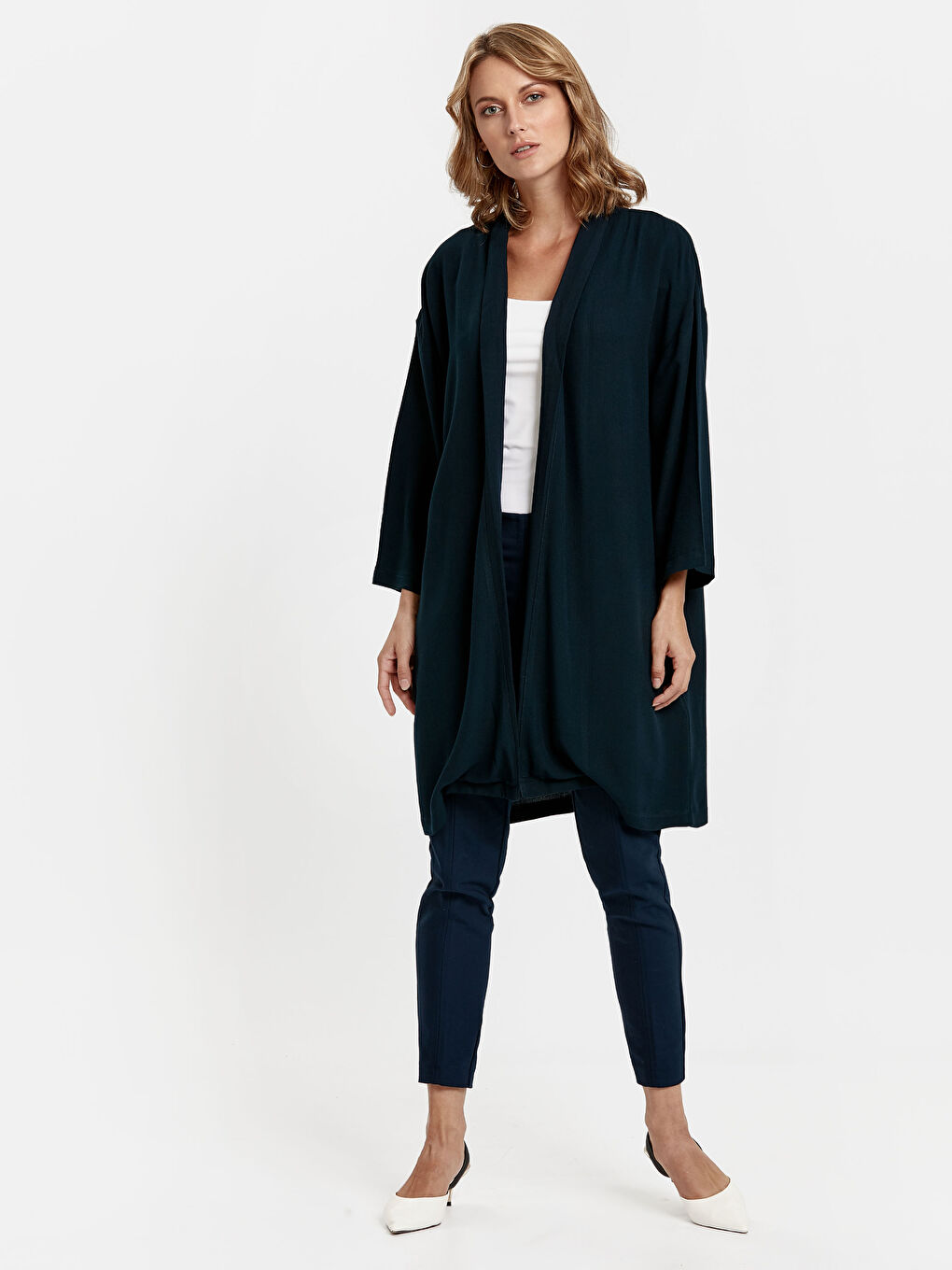 Lacivert Şal Yaka Uzun Kollu Viskon Kadın Ceket-2