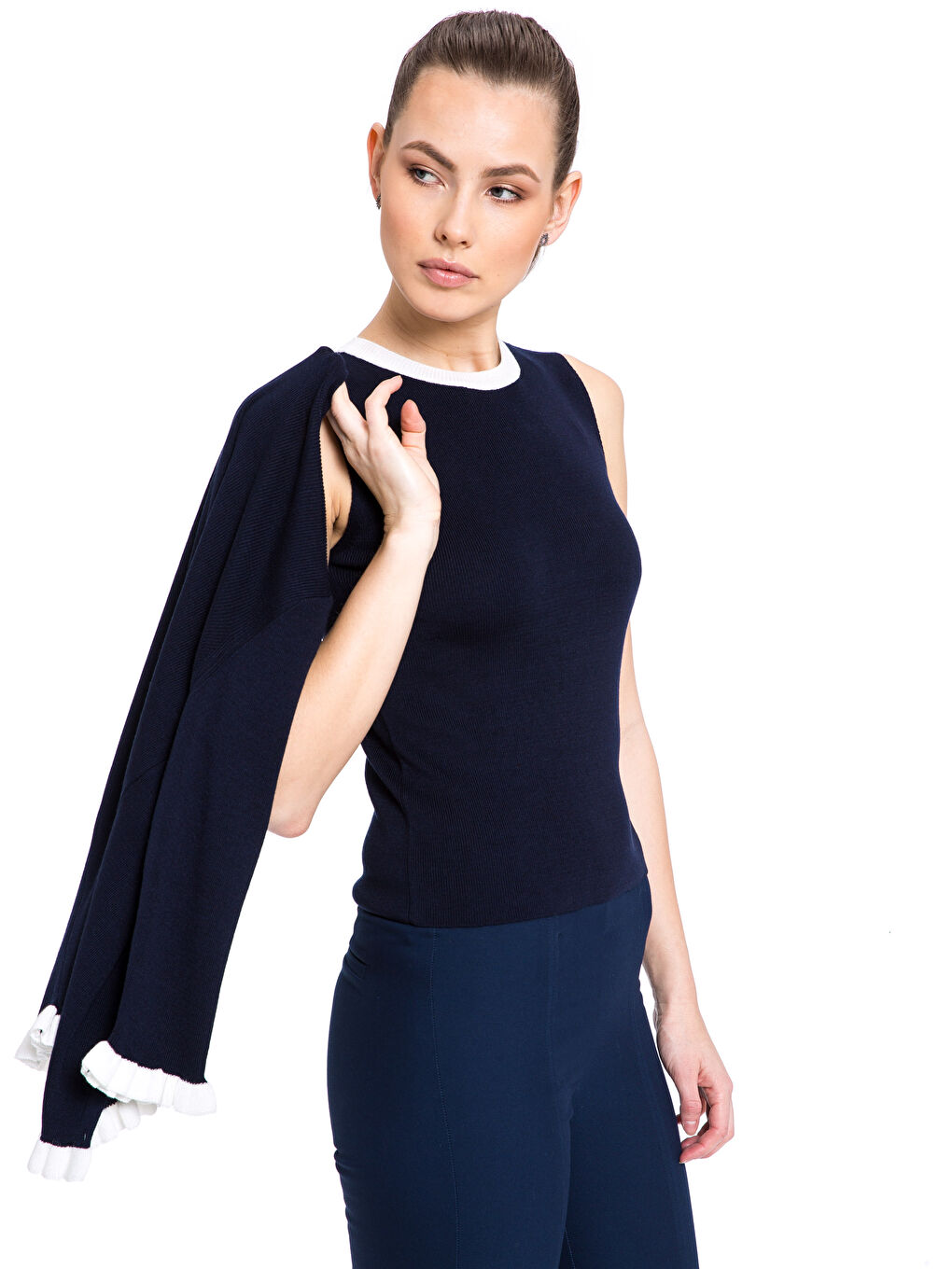 Lacivert Kadın Bisiklet Yaka Düz Triko Takım-1