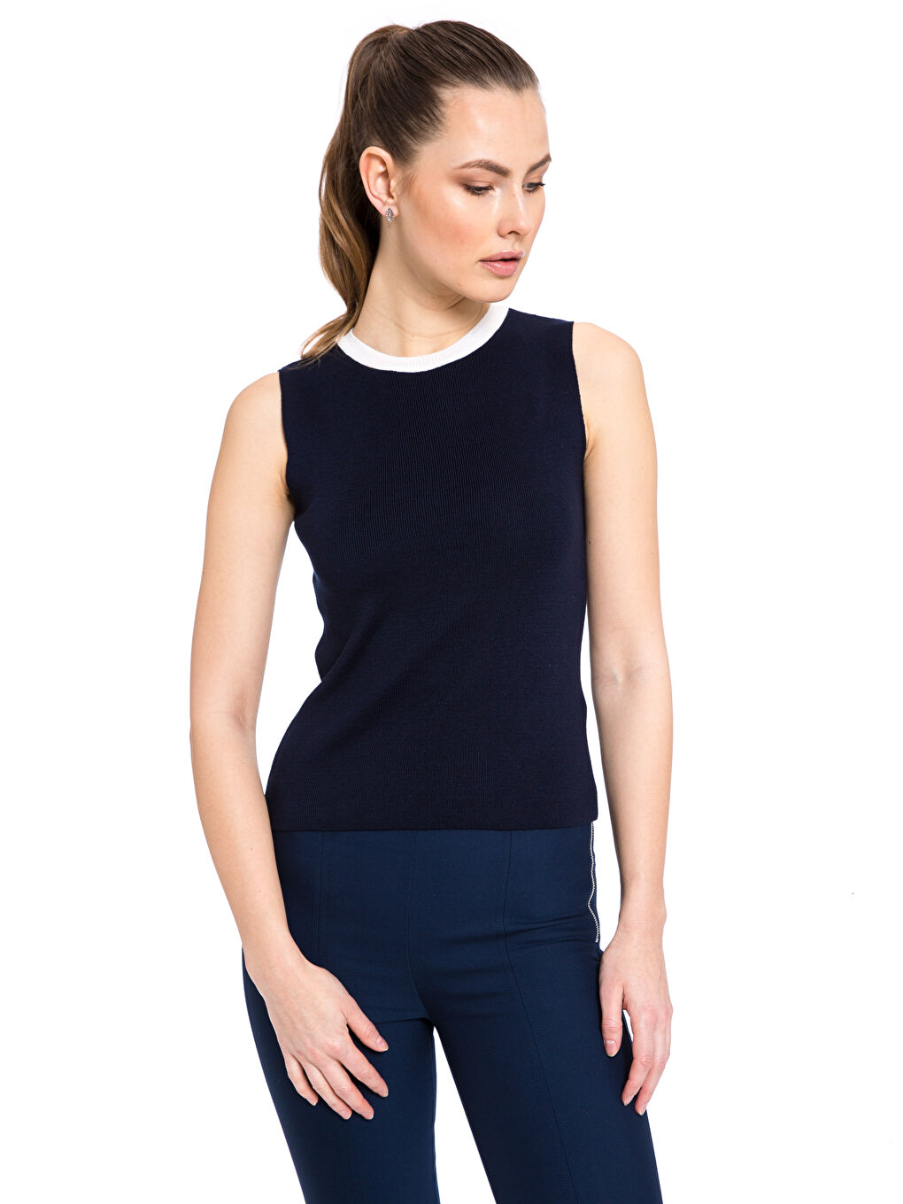 Lacivert Kadın Bisiklet Yaka Düz Triko Takım-2