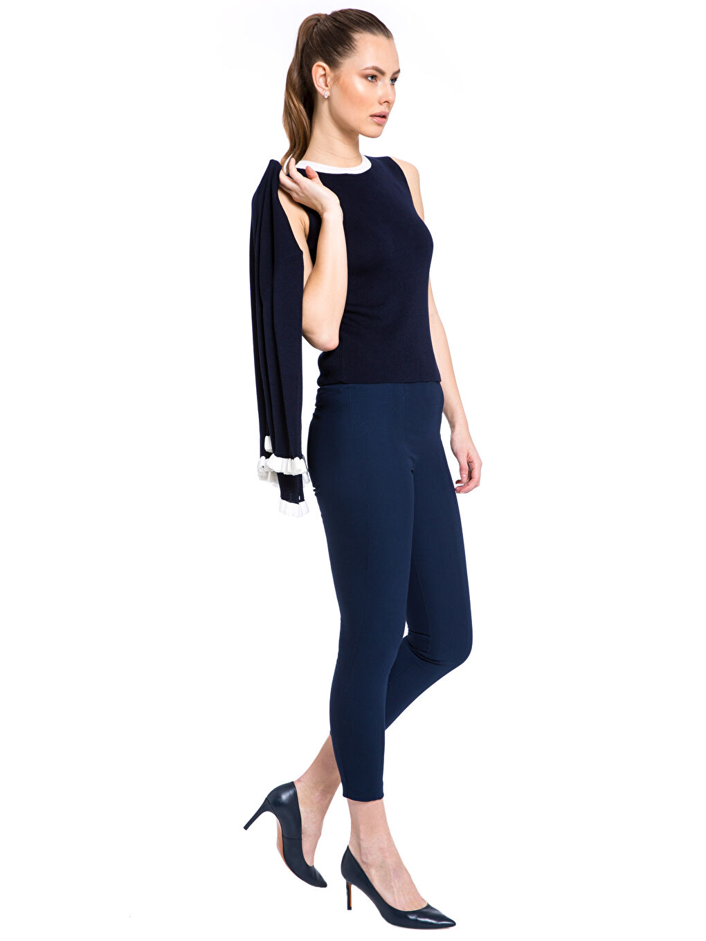 Lacivert Kadın Bisiklet Yaka Düz Triko Takım-5