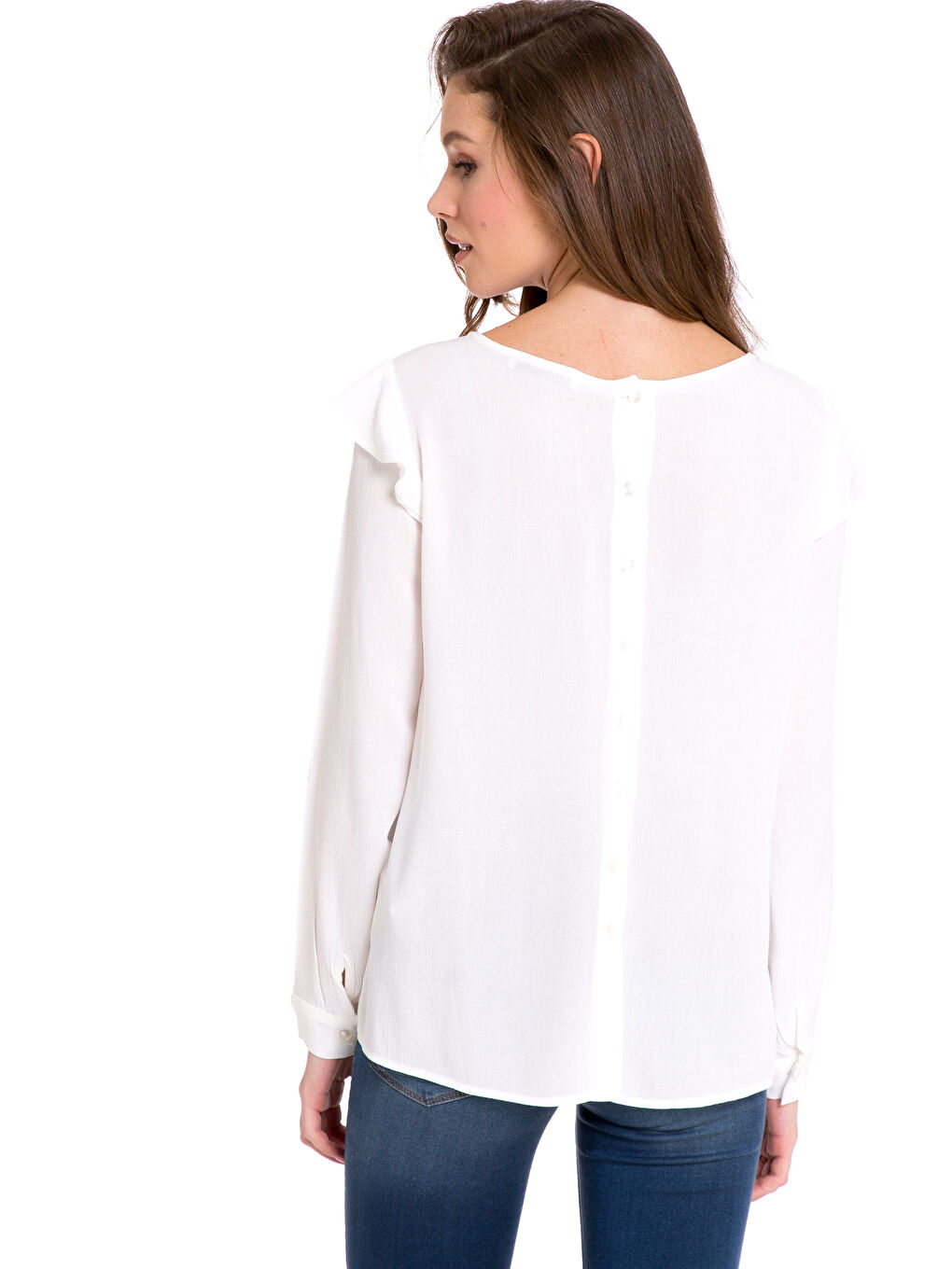 Ekru Standart Fit Uzun Kollu Kadın Bluz-1