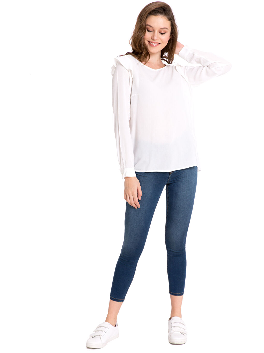 Ekru Standart Fit Uzun Kollu Kadın Bluz-2