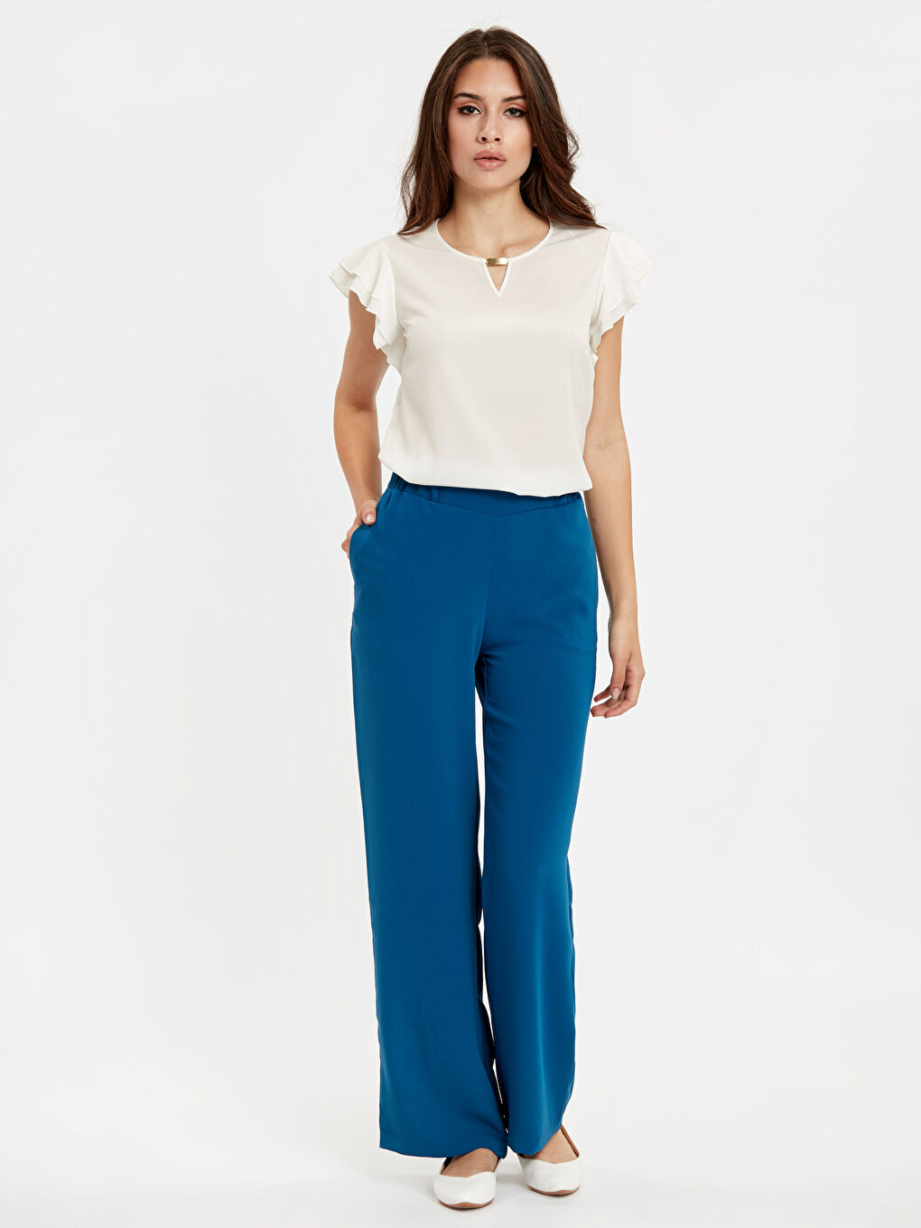 سروال نساء ساتان بخصر مطاطي وجيوب مفصلة