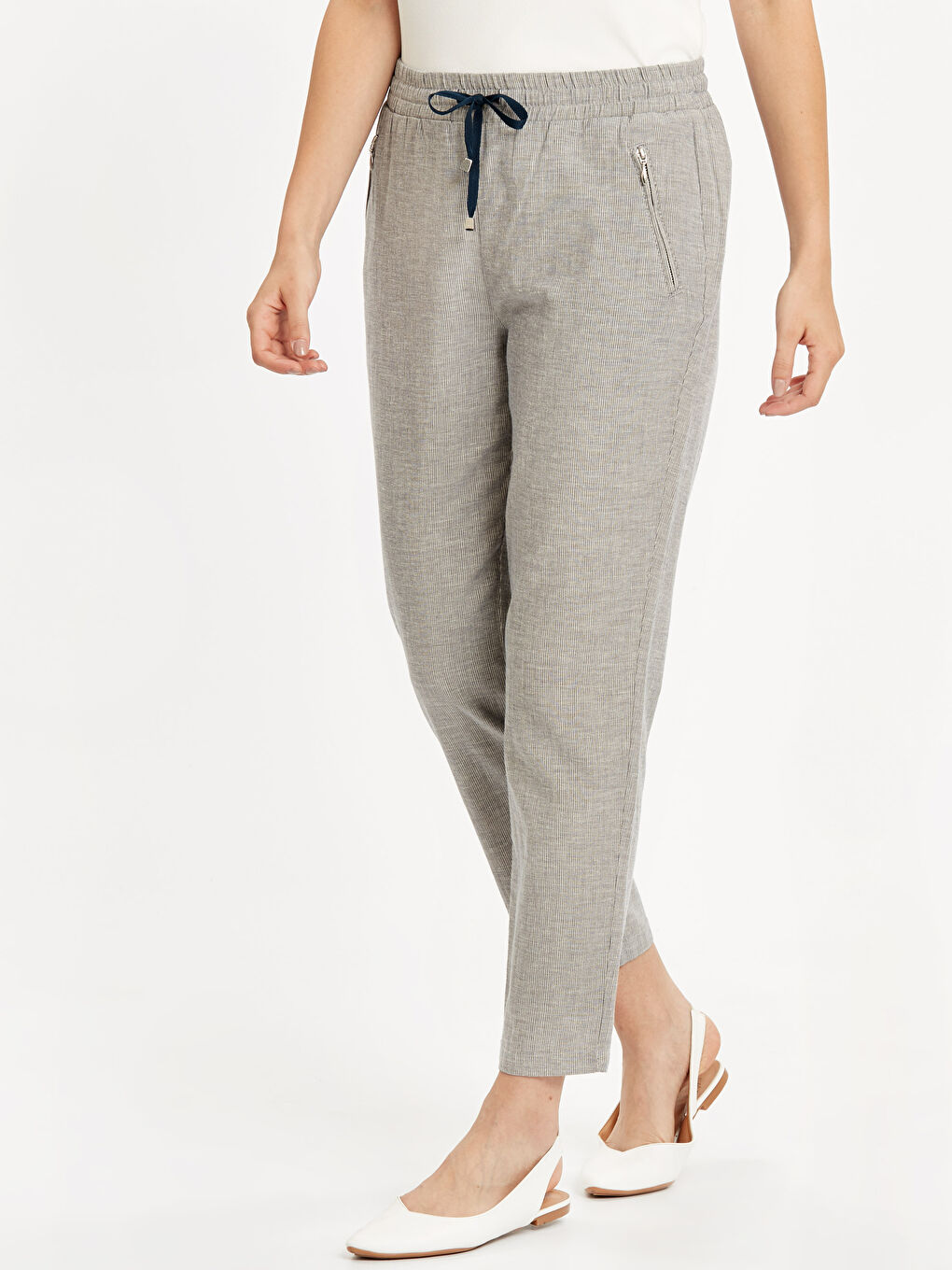 Ekru Çizgili Pantolon-1