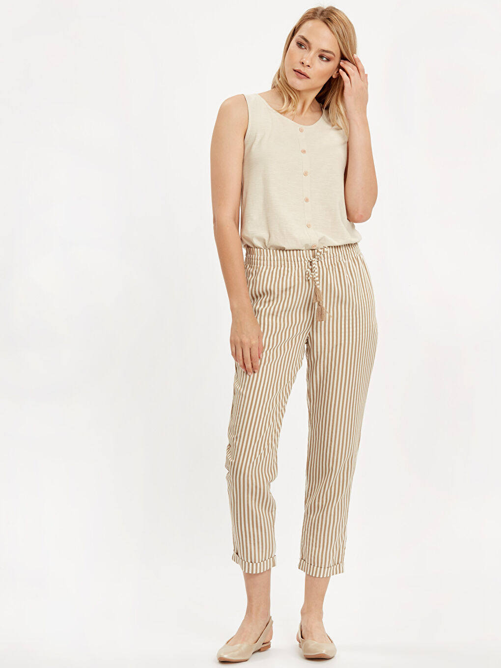 High Waist Ankle Length Striped Linen Trousers For Women