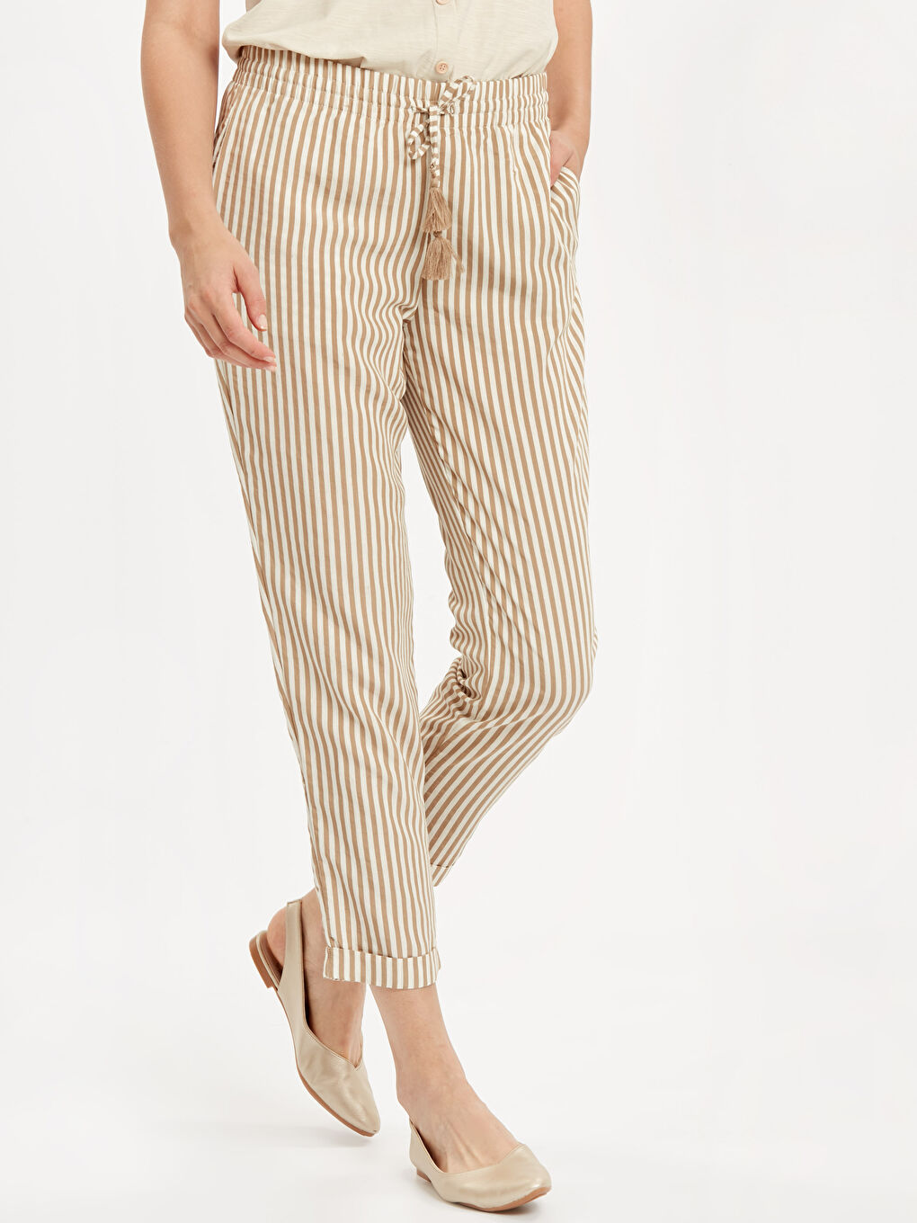 High Waist Ankle Length Striped Linen Trousers For Women-1