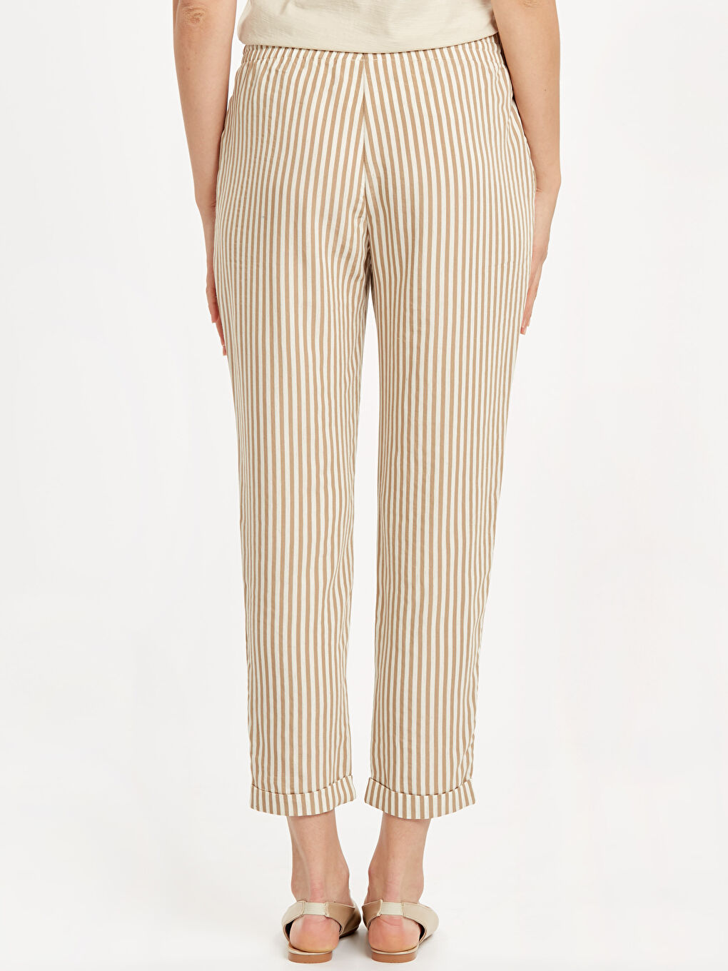 High Waist Ankle Length Striped Linen Trousers For Women-2