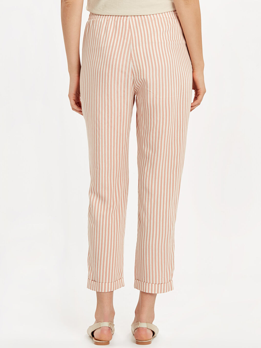 بنطلون كتان مُخَطَّط عالي الخصر بطول الكاحل للنساء-2