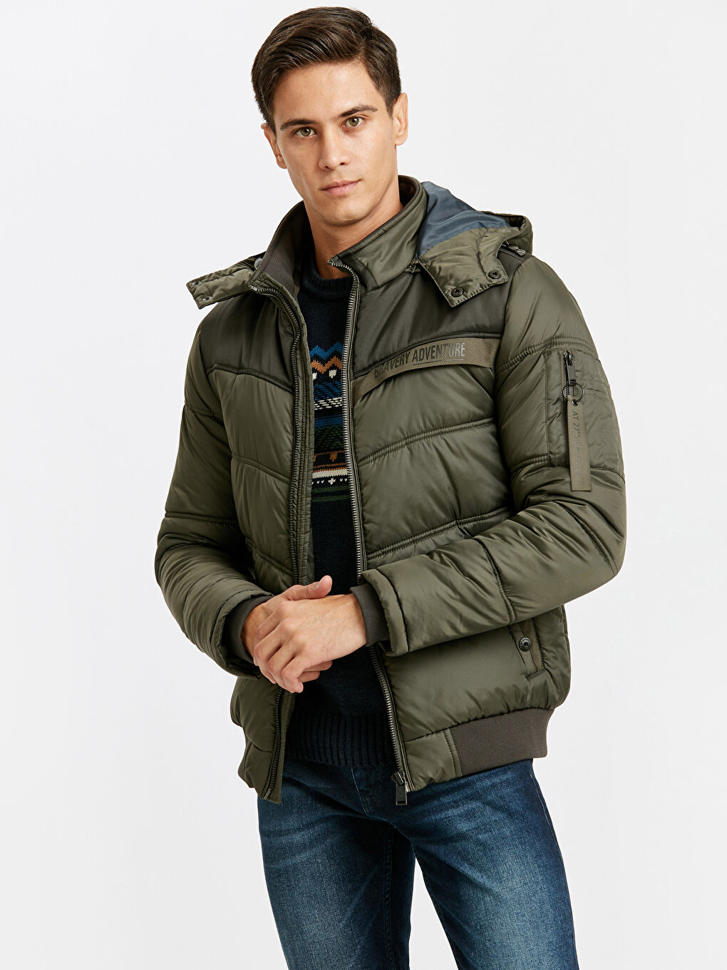 Haki Standart Kalıp Kapüşonlu Kalın Erkek Şişme Mont-6