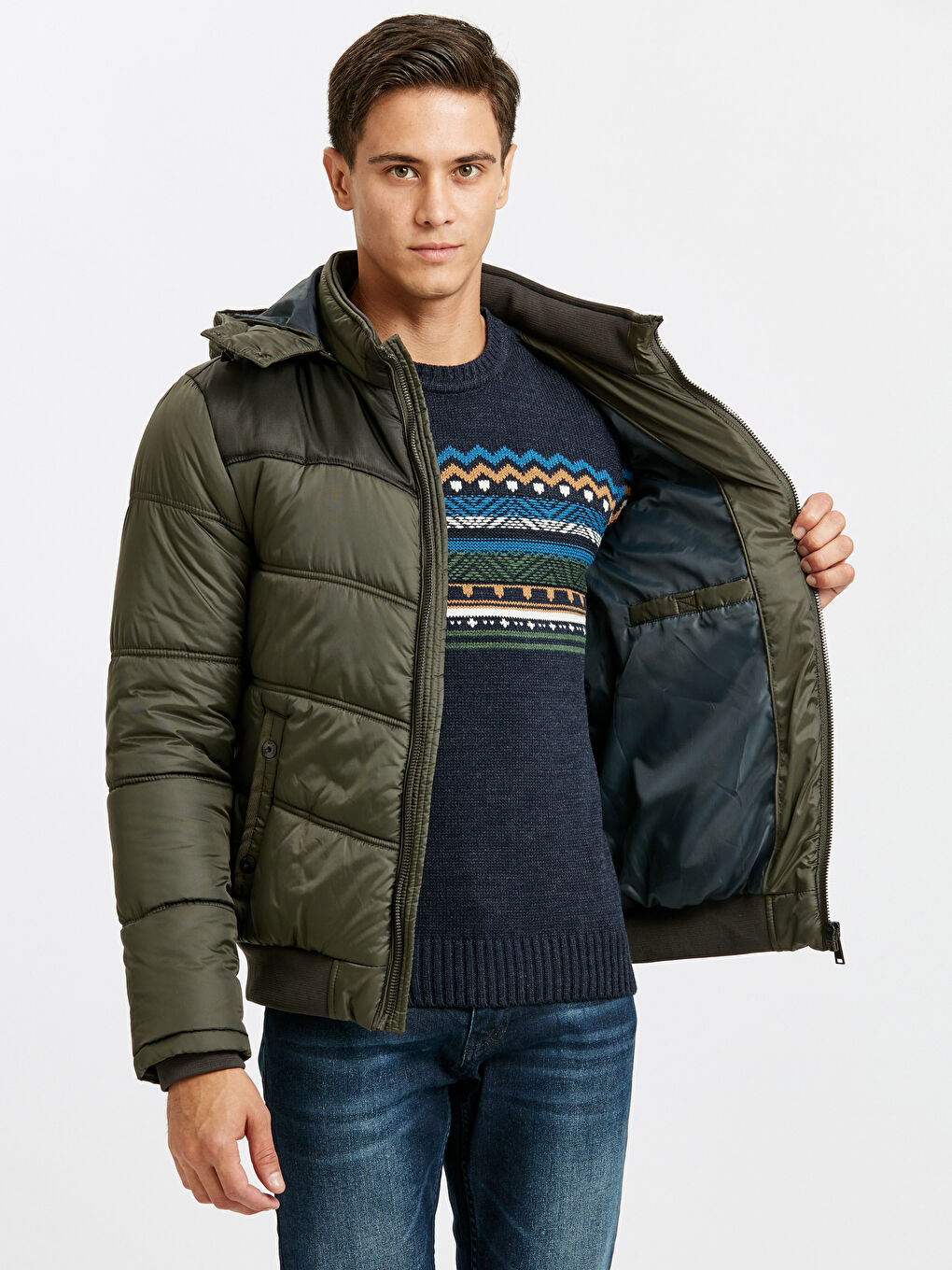 Haki Standart Kalıp Kapüşonlu Kalın Erkek Şişme Mont-7