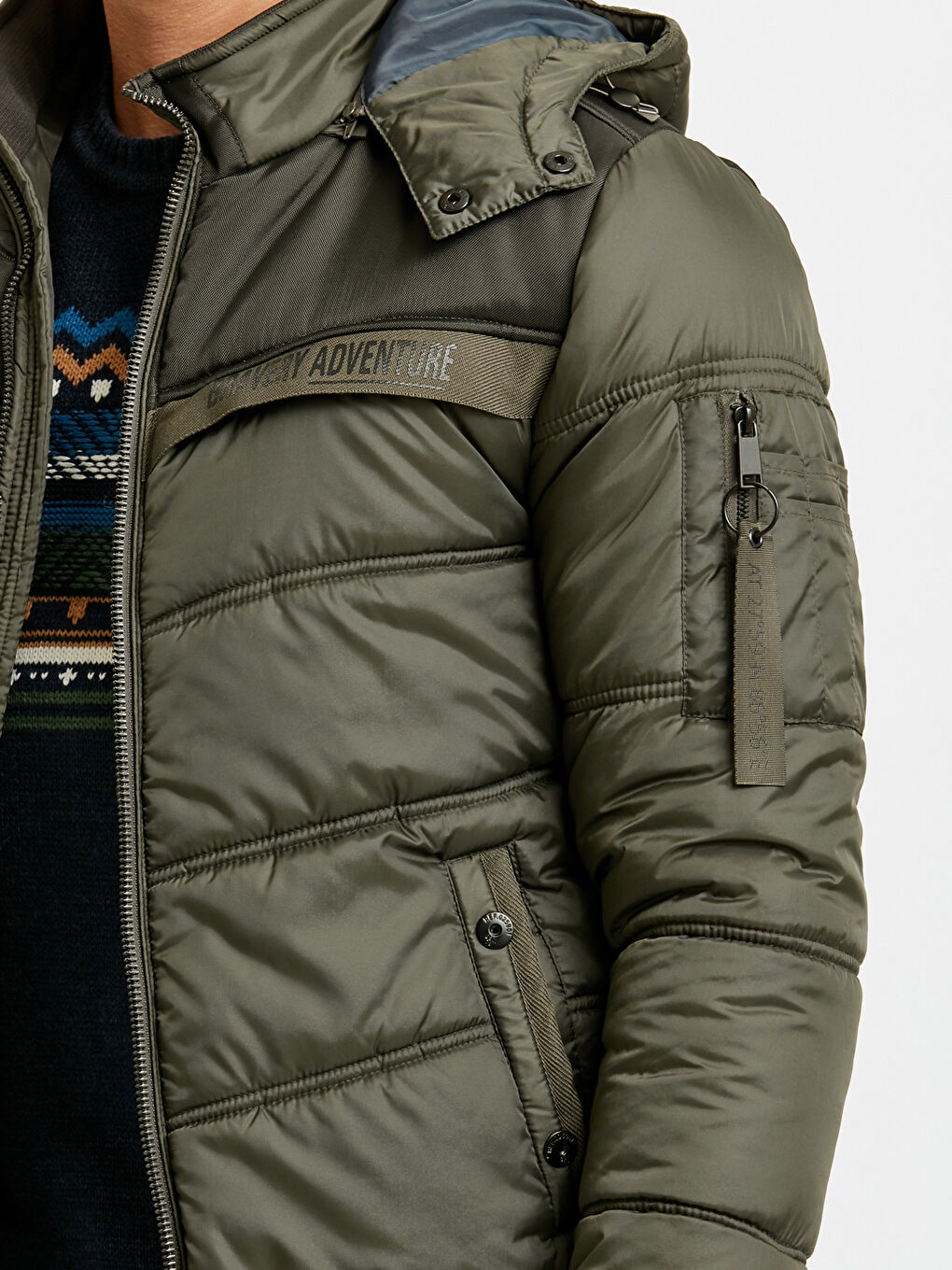 Haki Standart Kalıp Kapüşonlu Kalın Erkek Şişme Mont-9