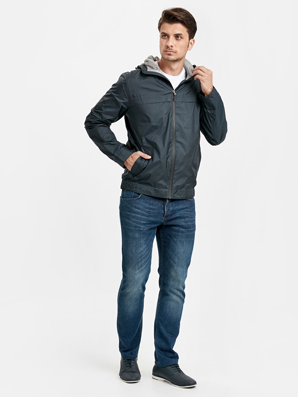 Lacivert Standart Kalıp Kapüşonlu Erkek Yağmurluk-2