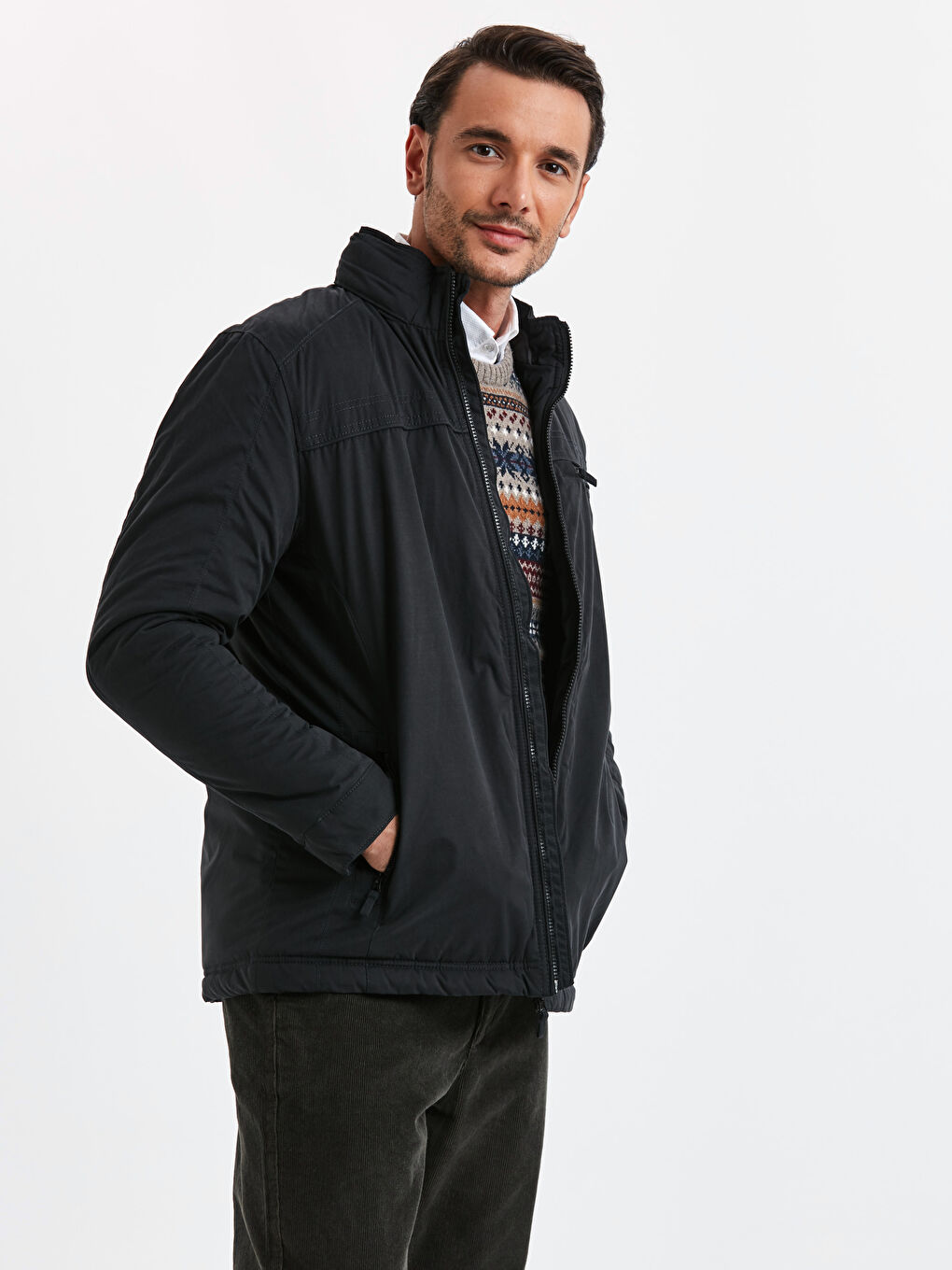 Siyah Standart Kalıp Dik Yaka Kanvas Erkek Mont