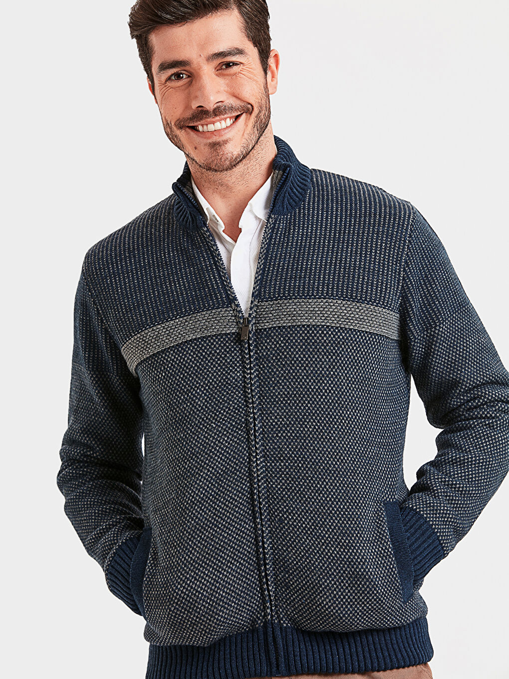 Lacivert Dik Yaka Erkek Triko Hırka