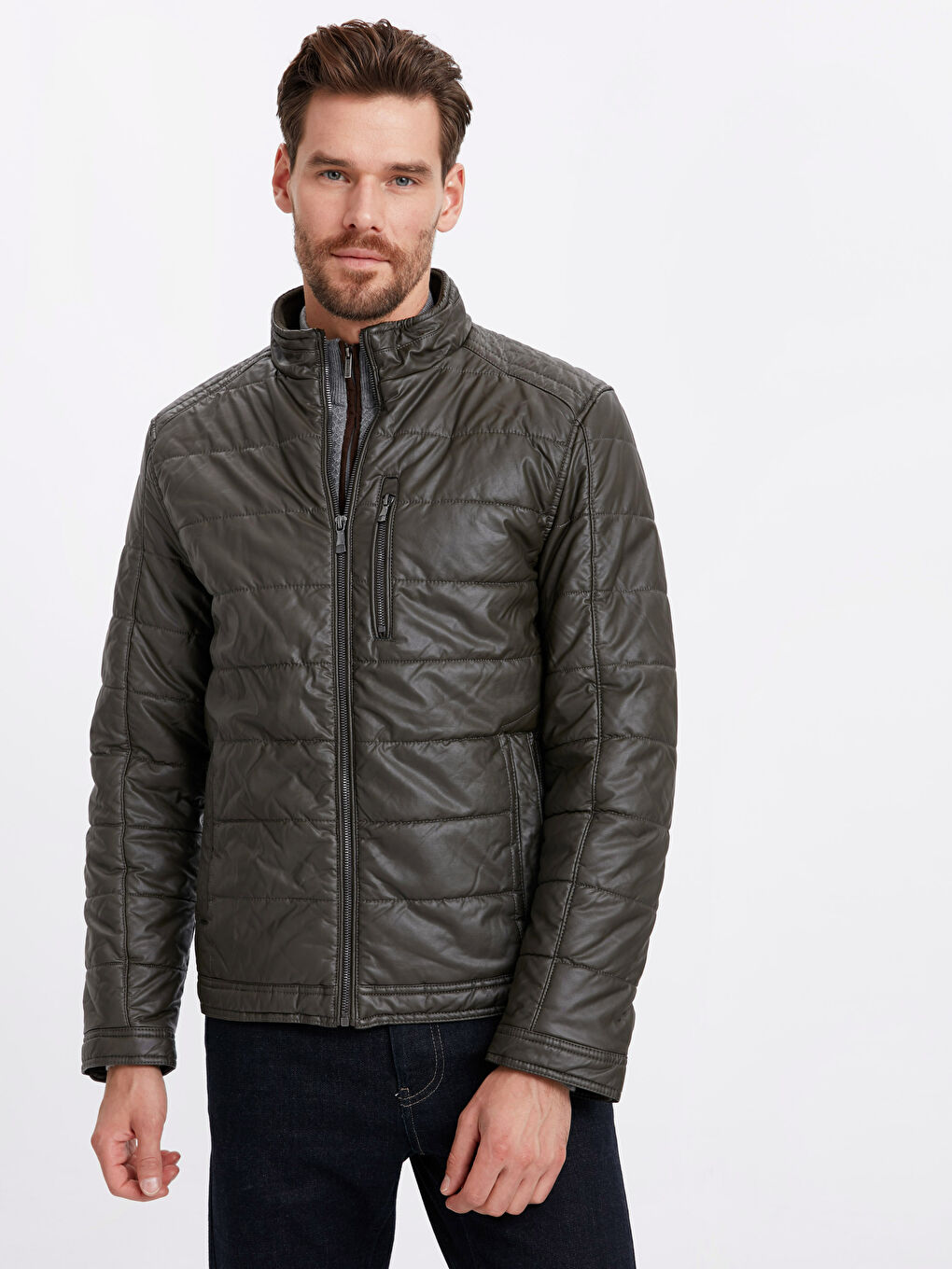 Koyu Haki Deri Görünümlü Mont