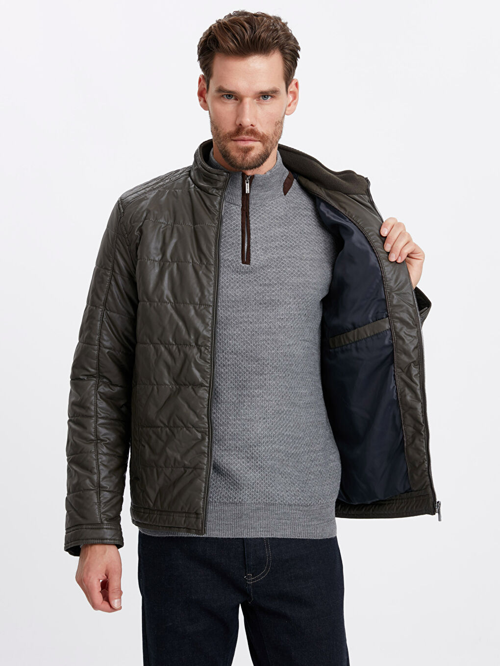 Koyu Haki Deri Görünümlü Mont-1