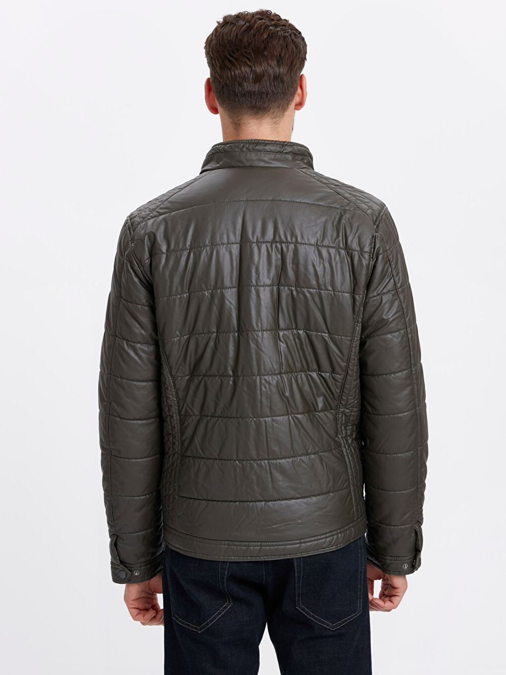 Koyu Haki Deri Görünümlü Mont-2