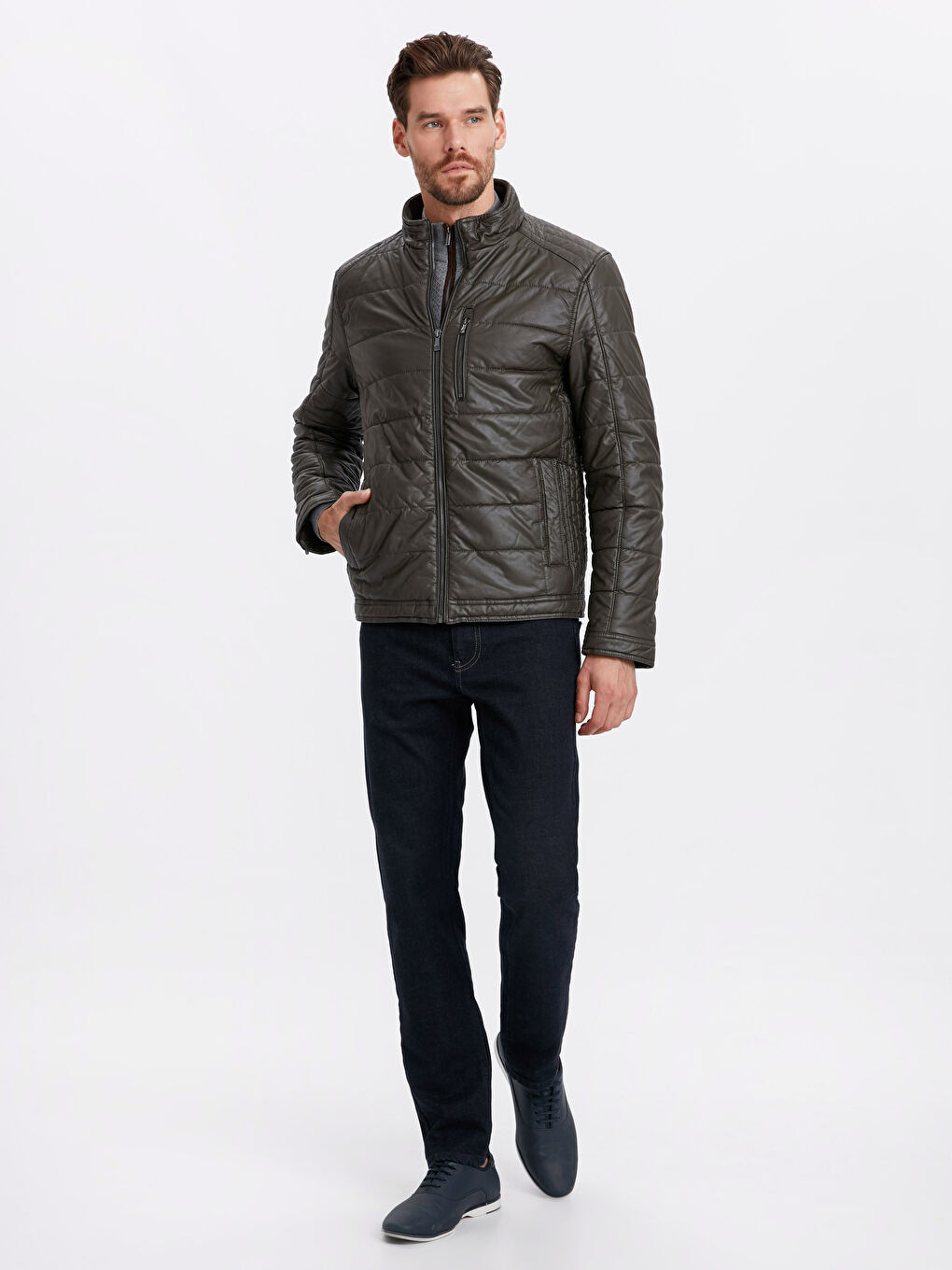 Koyu Haki Deri Görünümlü Mont-3