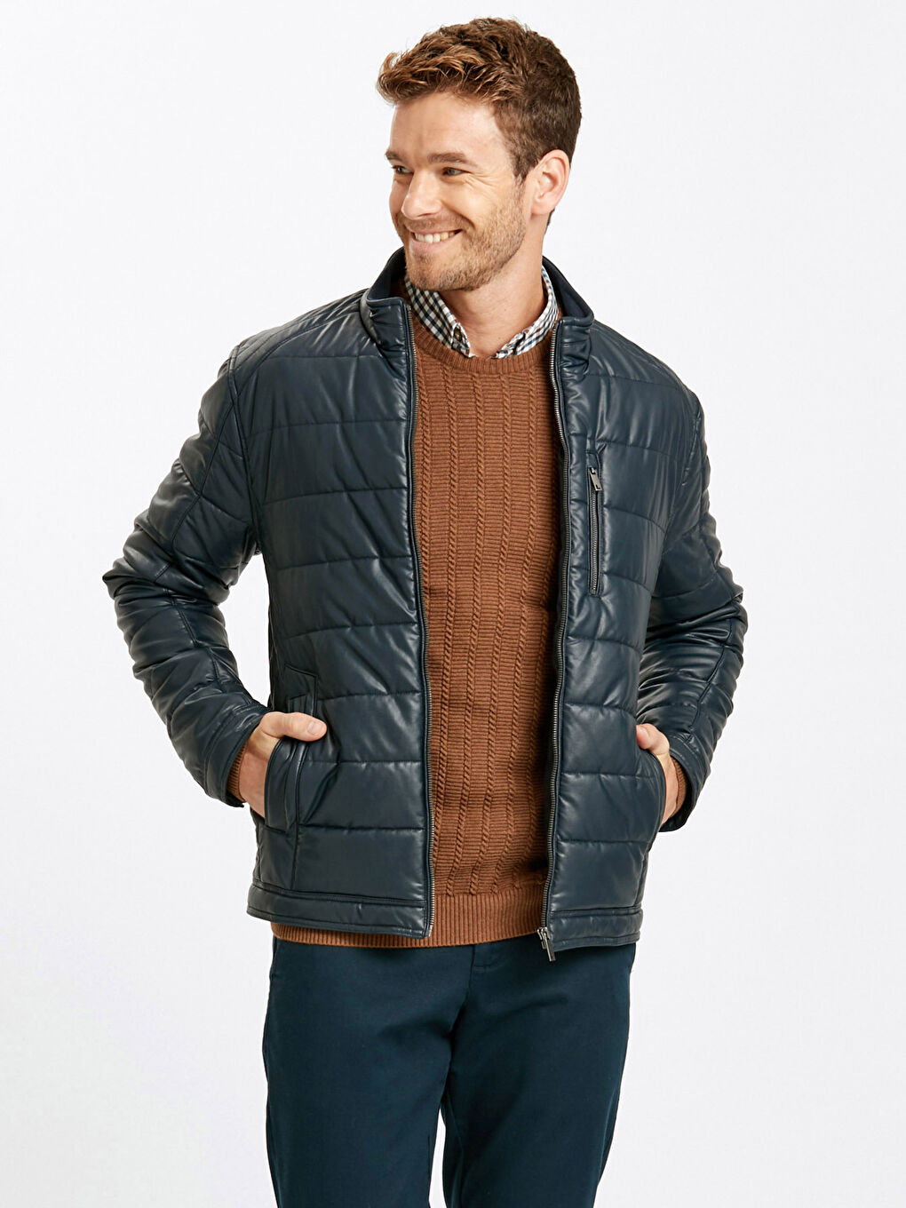 Man NAVY Faux Leather Coat