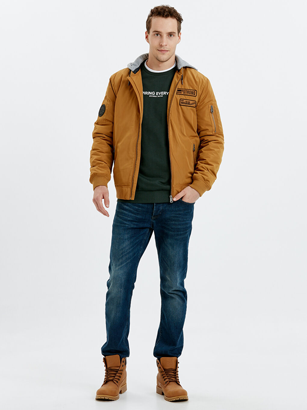 Kahverengi Standart Kalıp Kapüşonlu Erkek Yağmurluk-4