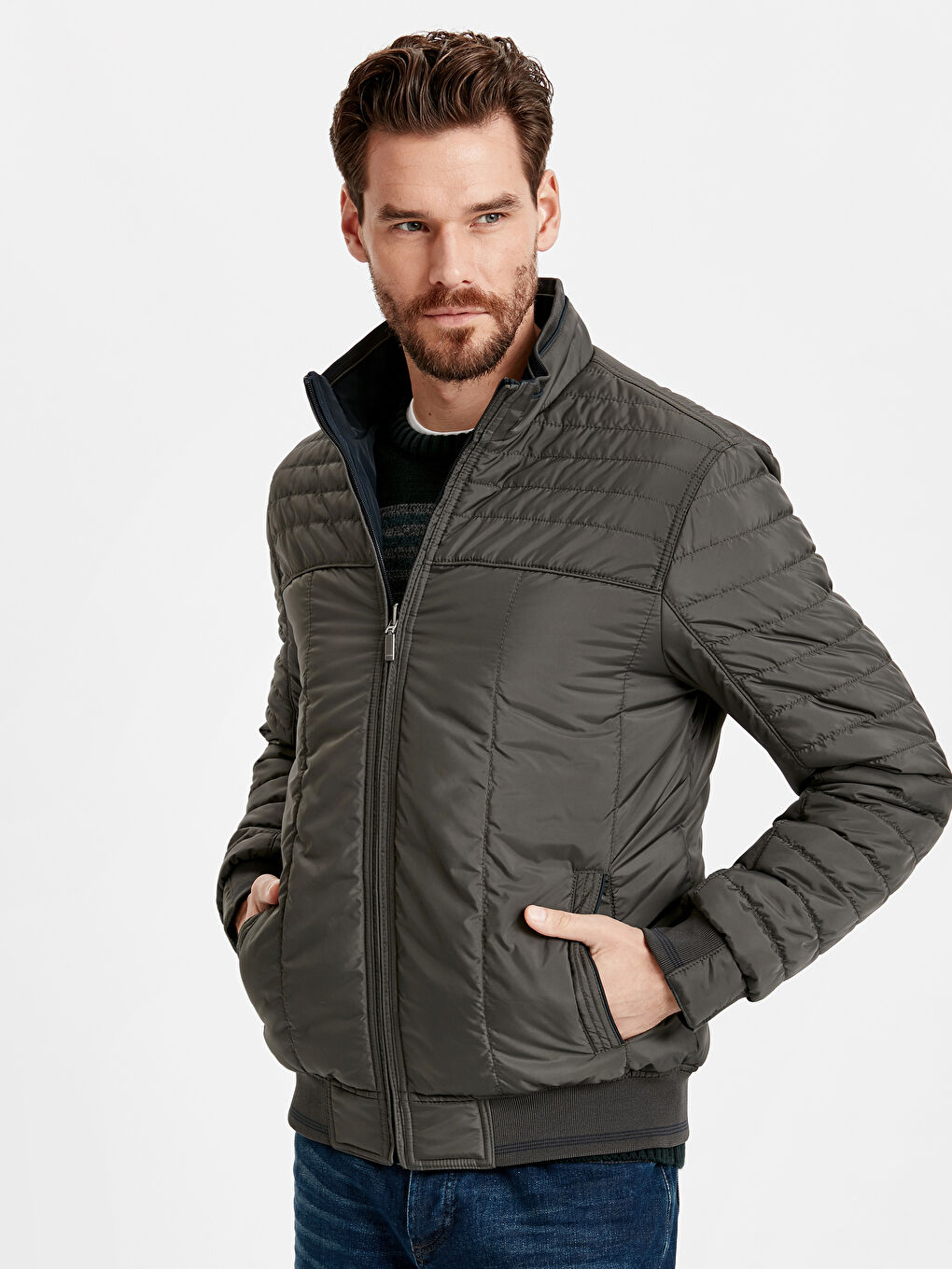 İndigo Standart Kalıp Dik Yaka Erkek Çift Taraflı Mont