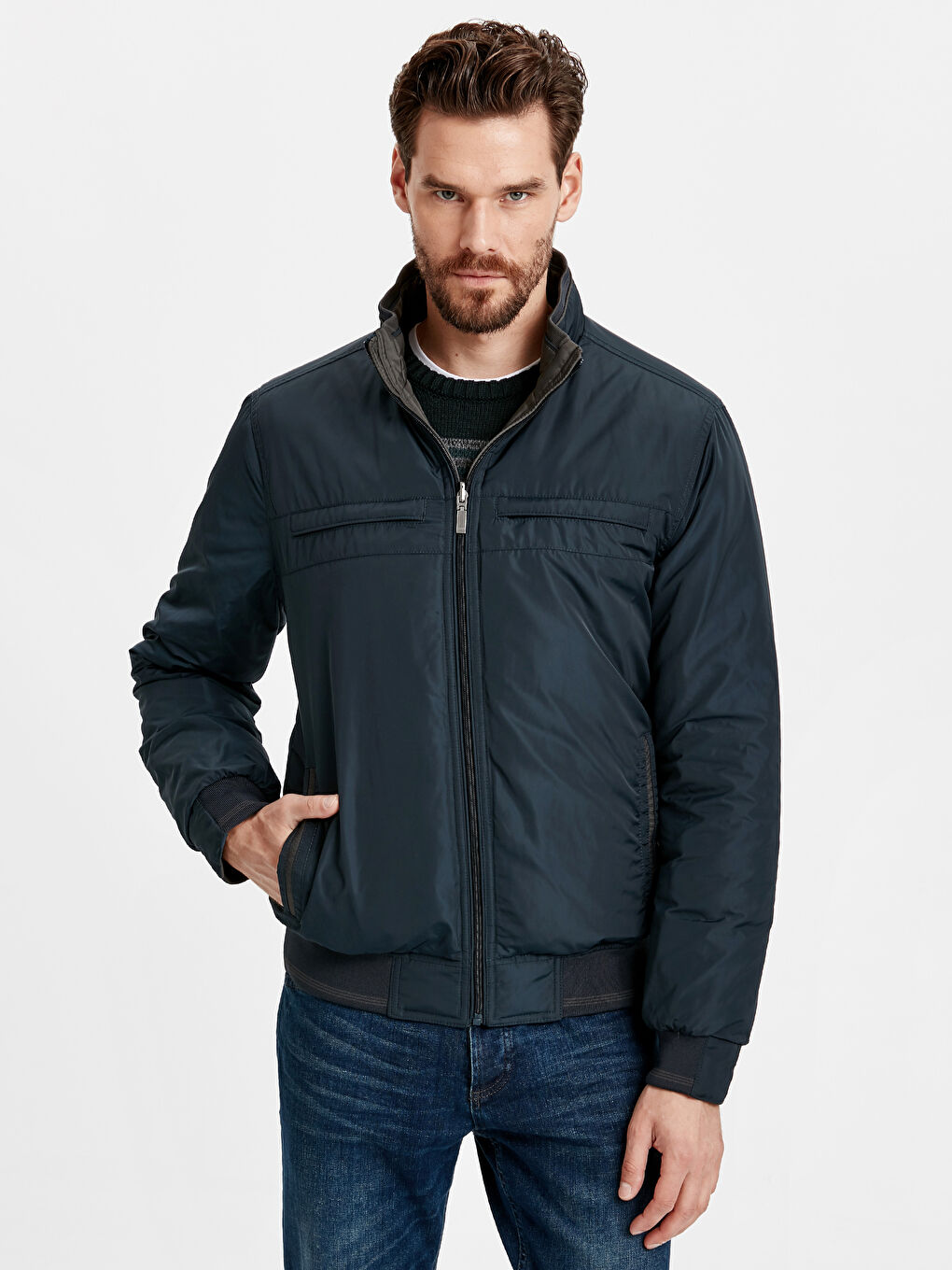 İndigo Standart Kalıp Dik Yaka Erkek Çift Taraflı Mont-1