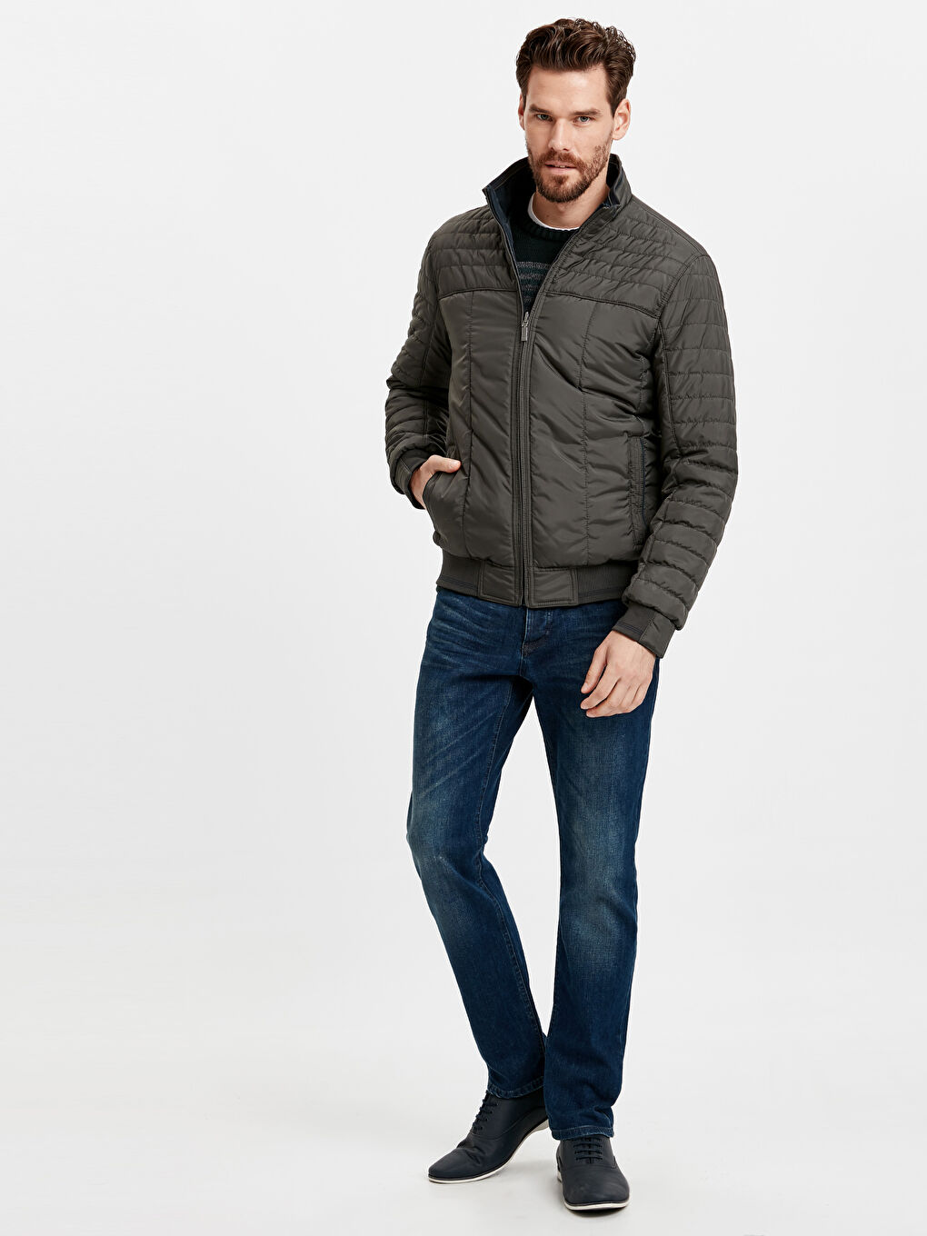 İndigo Standart Kalıp Dik Yaka Erkek Çift Taraflı Mont-4