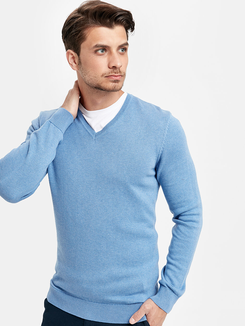 Mavi V Yaka Erkek Triko Kazak