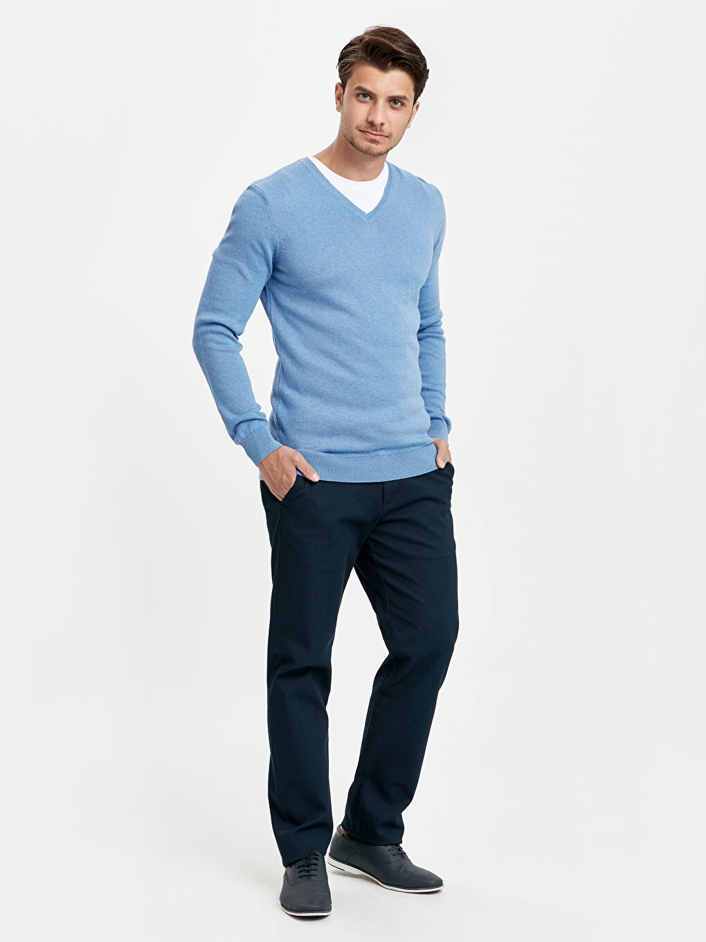 Mavi V Yaka Erkek Triko Kazak-2