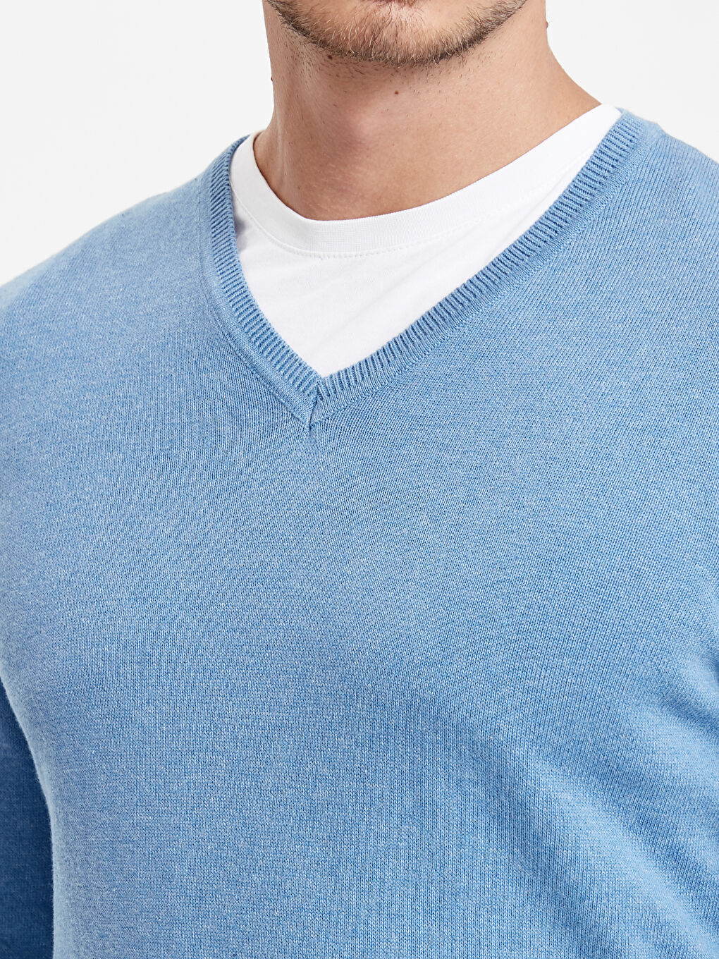 Mavi V Yaka Erkek Triko Kazak-3