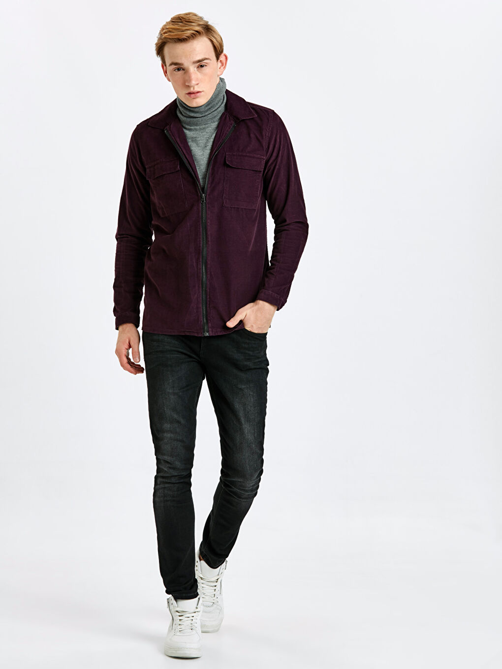 Mürdüm Slim Fit Uzun Kollu Kadife Gömlek-1