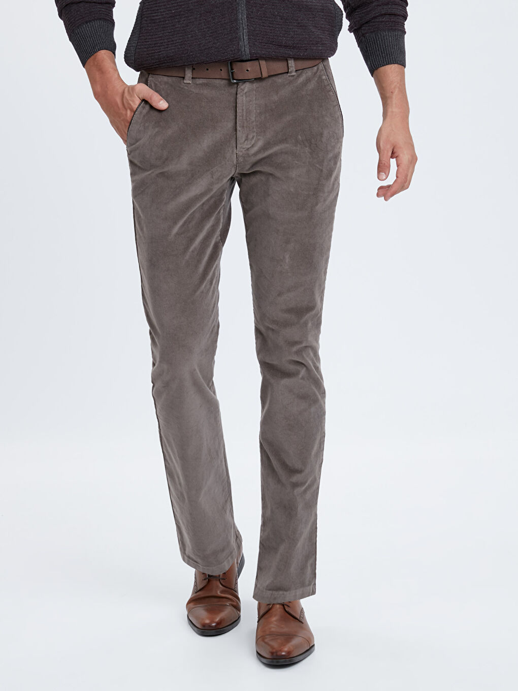 Kahverengi Standart Kalıp Kadife Erkek Pantolon-1
