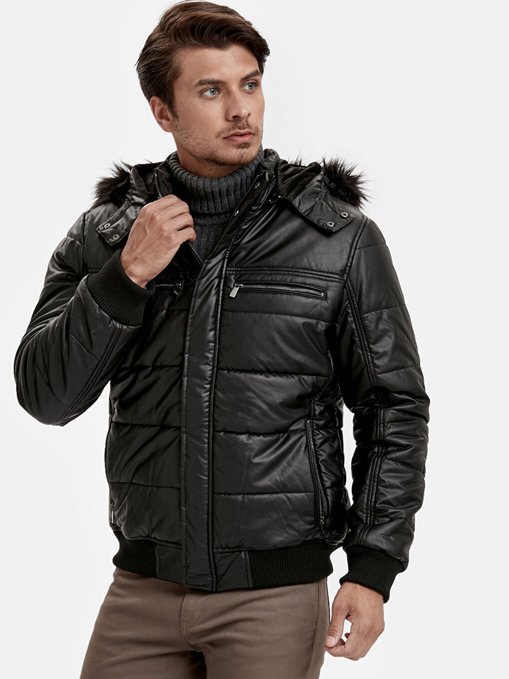 Standard Fit Collared Neck Men's Leather Look Coat