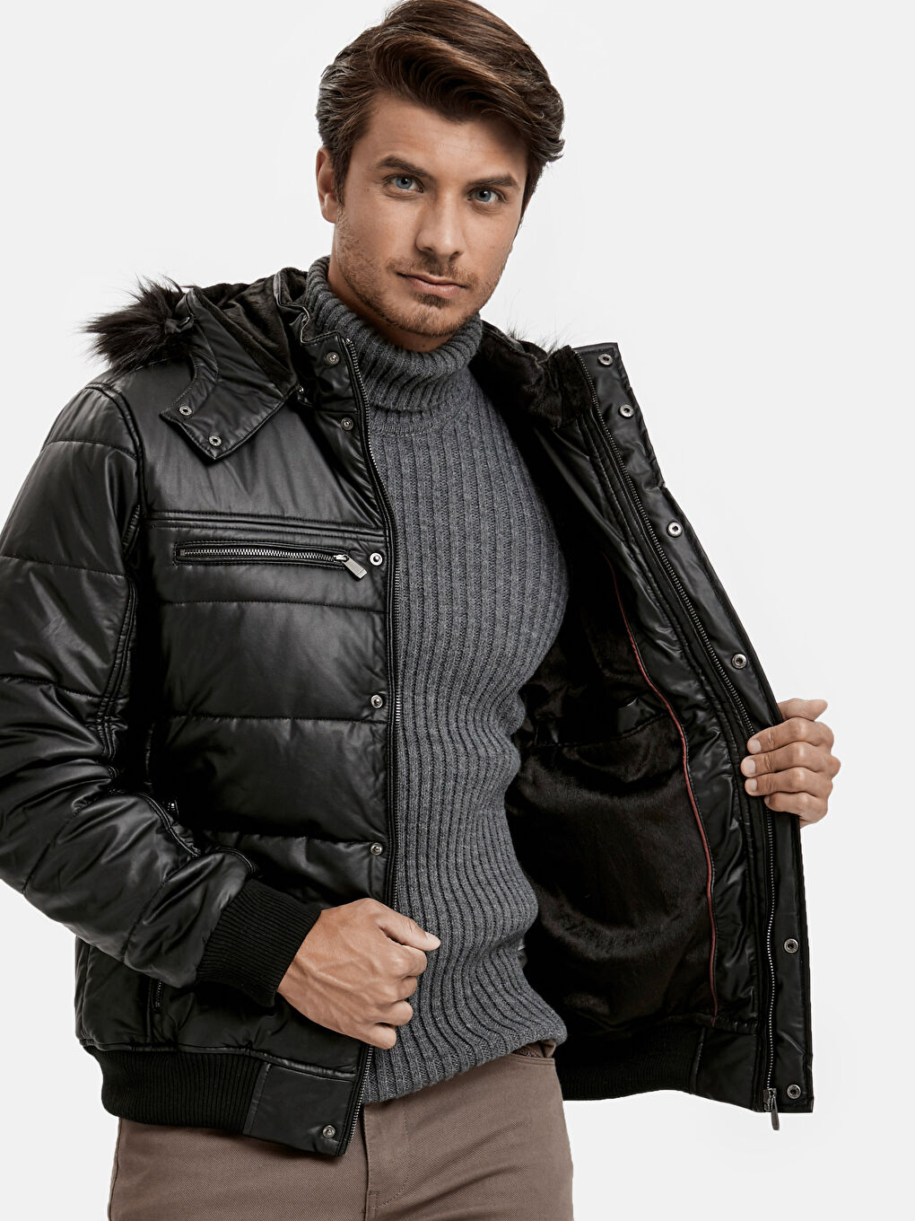 Standard Fit Collared Neck Men's Leather Look Coat-1