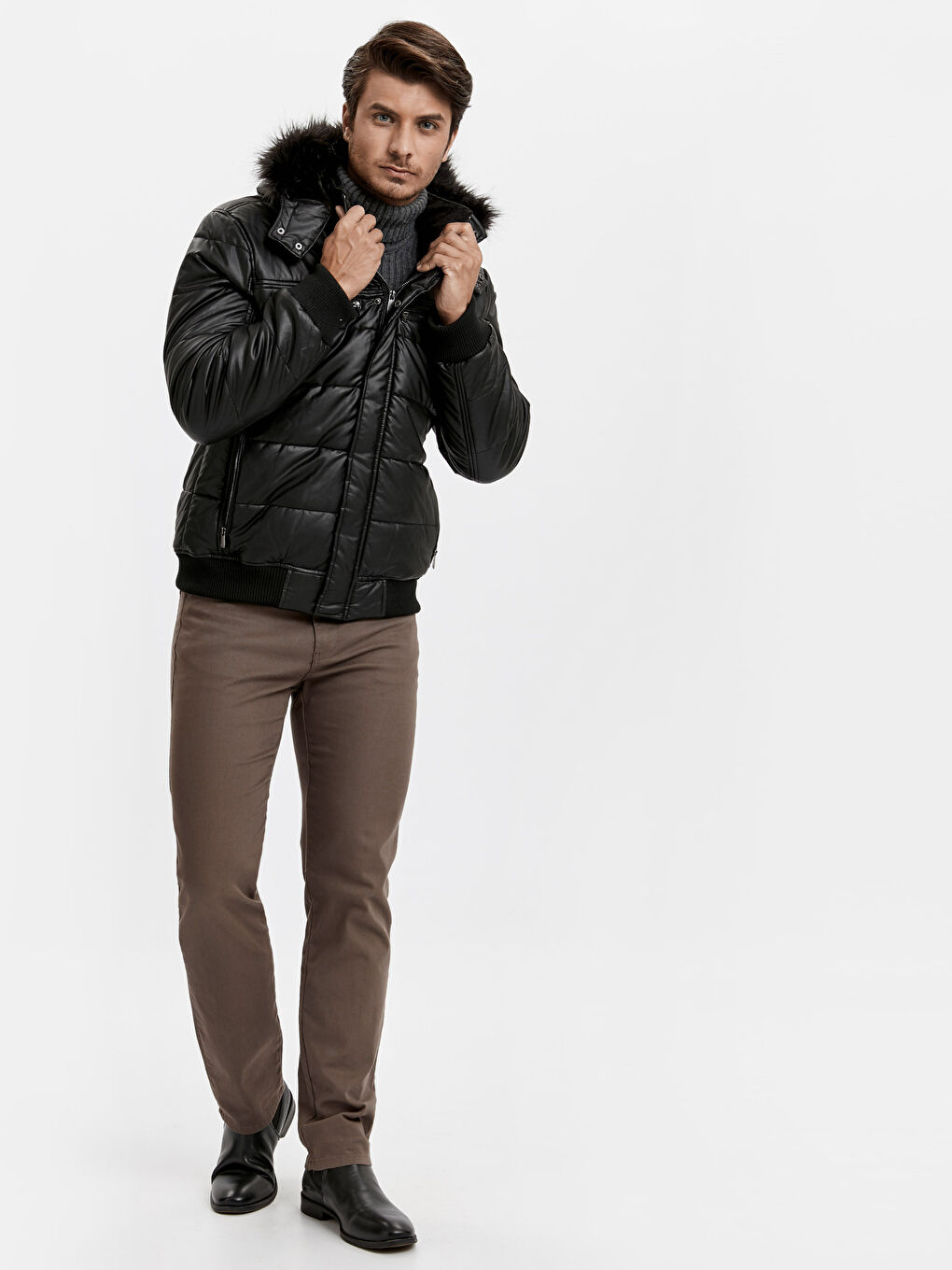 Standard Fit Collared Neck Men's Leather Look Coat-5