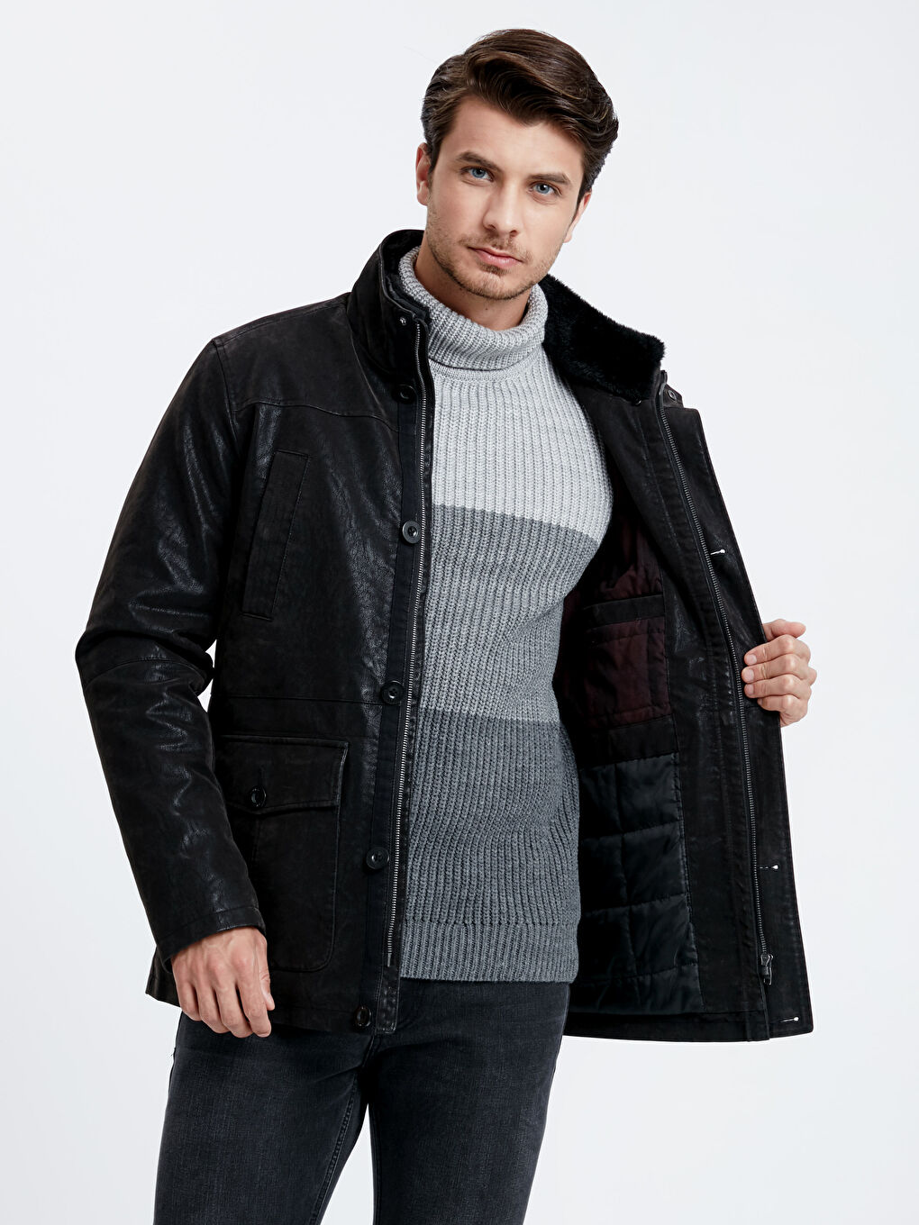 Siyah Standart Kalıp Dik Yaka Erkek Deri Görünümlü Mont-1