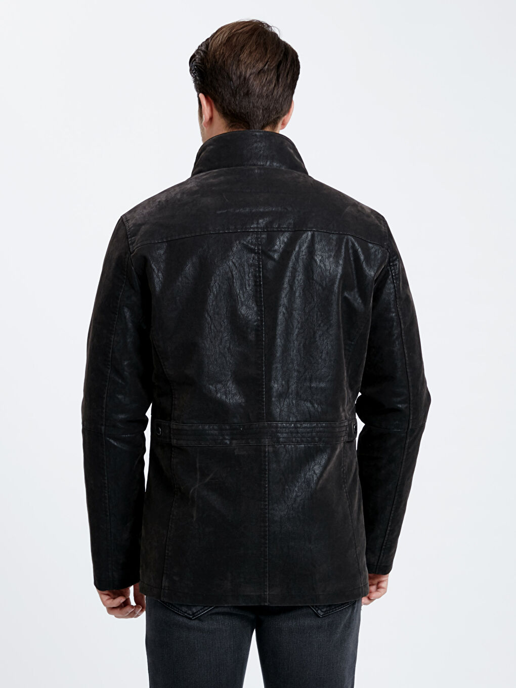 Siyah Standart Kalıp Dik Yaka Erkek Deri Görünümlü Mont-2