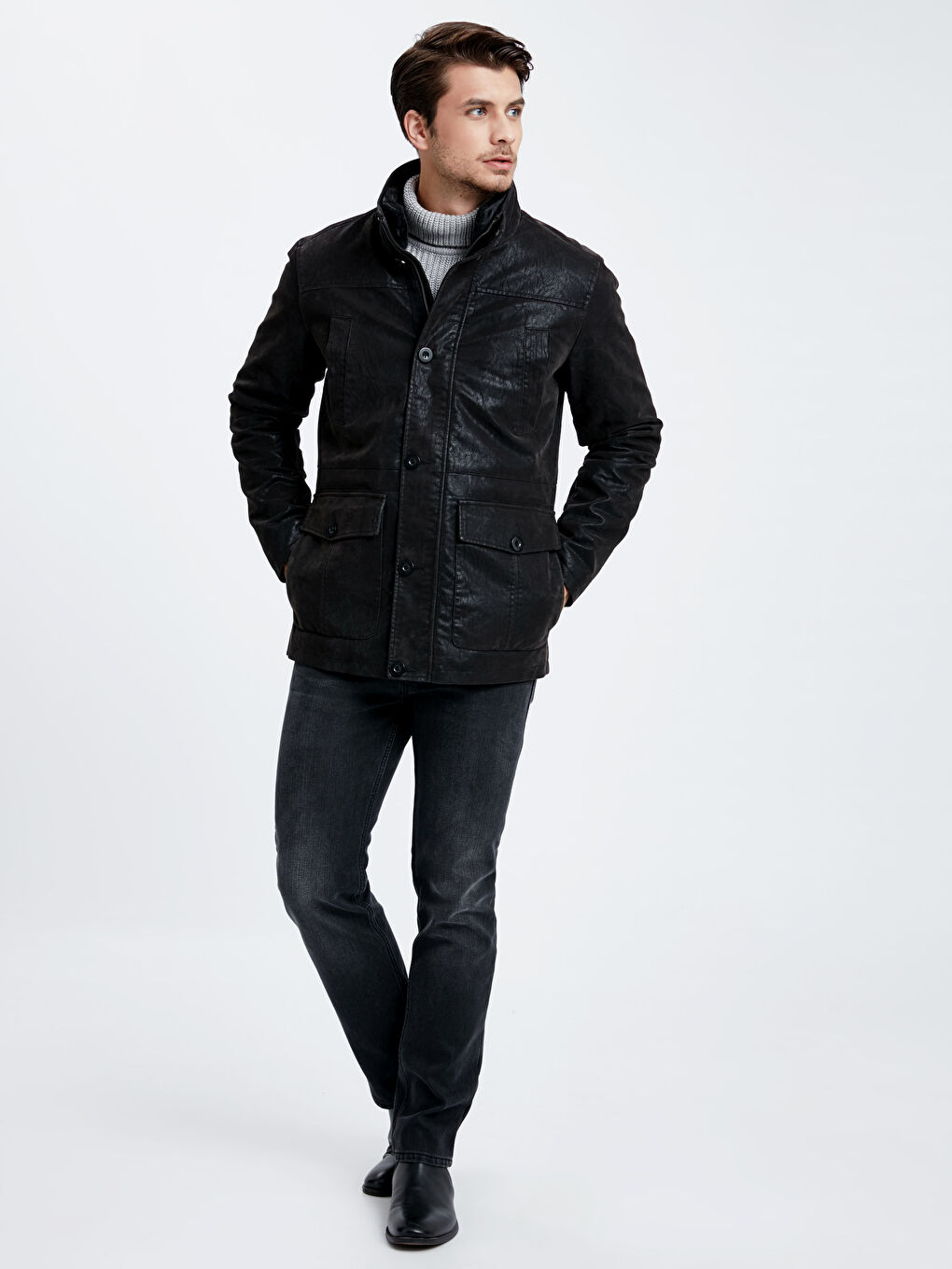 Siyah Standart Kalıp Dik Yaka Erkek Deri Görünümlü Mont-3