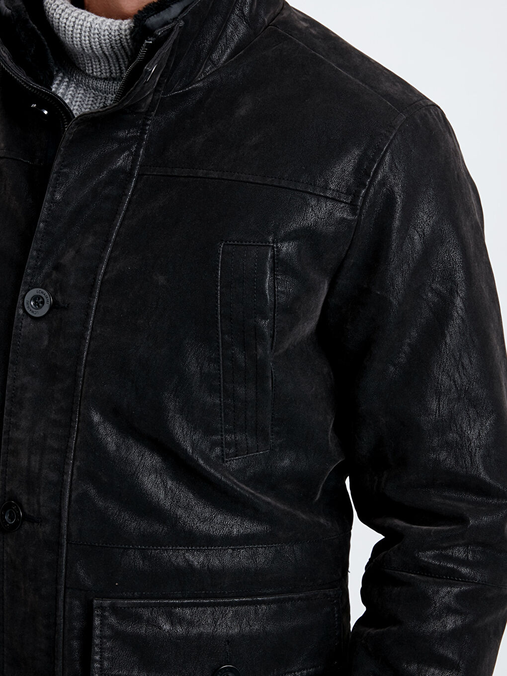 Siyah Standart Kalıp Dik Yaka Erkek Deri Görünümlü Mont-4